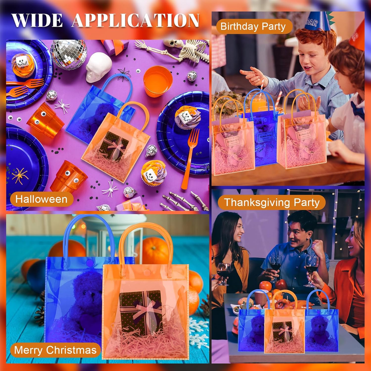 Sweetude 24 Pcs Blue and Orange Gift Bags with Handles Candy PVC Green Clear Goodies Bag Birthday Magical Theme Party Gift Bags Musical Party Favors Supplies Transparent Bag Halloween Decorations - Image 3