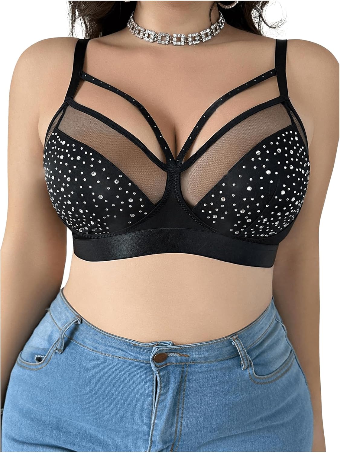 OYOANGLE Women's Plus Size Rhinestone Spiky Contrast Mesh Bras Wireless Cut Out Bedazzled Everyday Bralettes