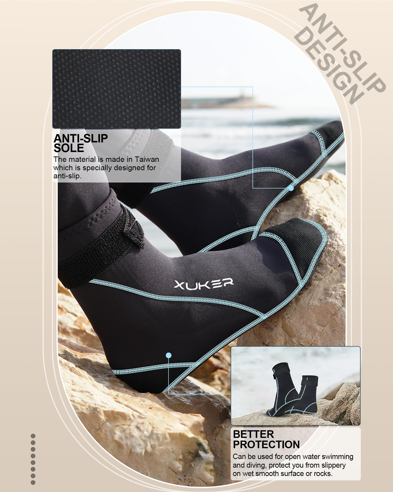 XUKER Neopren-Wassersocken, 3 mm, sanddichte Strand-Volleyball-Socken, Wasserschuhe, Tauchstiefel für Outdoor-Wassersport | Tauch-Schwimmsocken für Outdoor-Wassersport