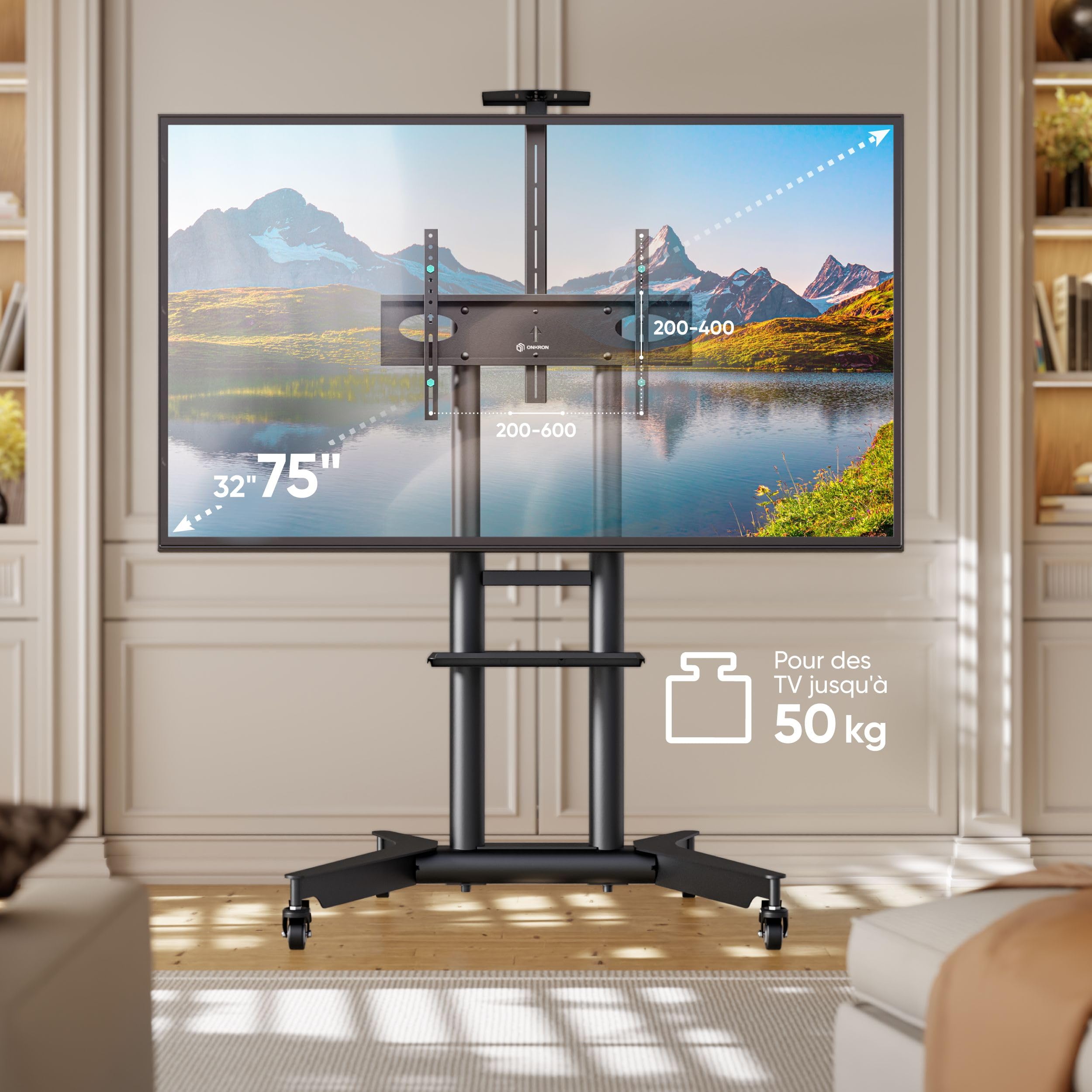 ONKRON Support TV Mobile pour 32-75 Pouces, Chariot Tele Roulant Charge Max de 60 kg, Support TV sur Pied avec roulettes VESA 200x200-600x400, Meuble TV sur Pied Hauteur Réglable Noir TS1571-B
