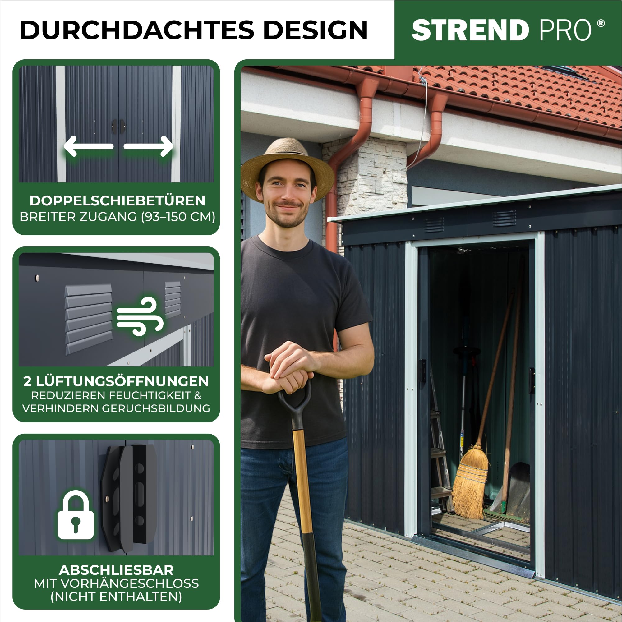 STREND PRO Metall Gartenhaus mit Unterbau, Anthrazit, 205 x 96 x 174 cm | Solide & Langlebig | Geräteschuppen mit 2 Schiebetüren | Garten gerätehause | Gartenlaube | Blechhütte | Fahrradgarage