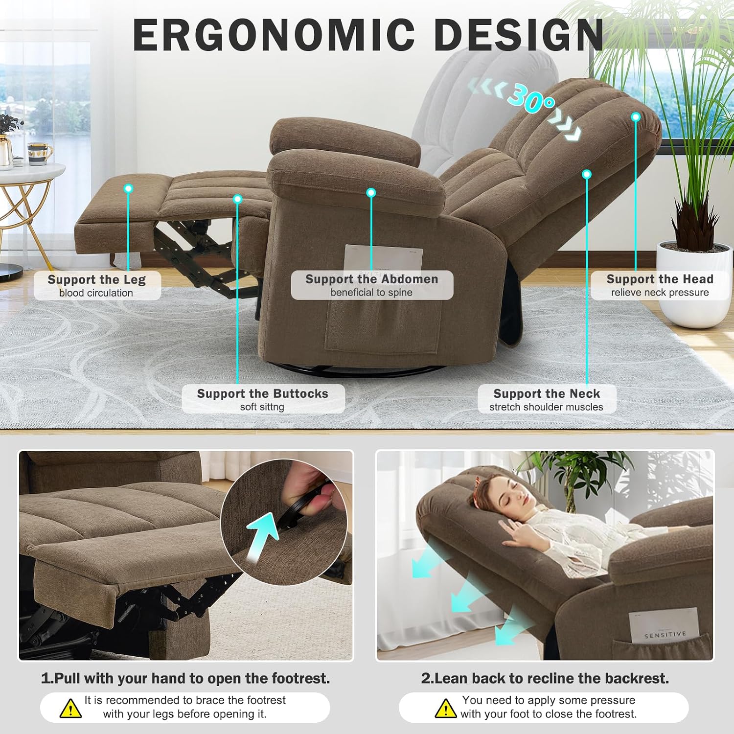 Diagram showing ergonomic design and reclining steps: pull to open footrest, lean back to recline