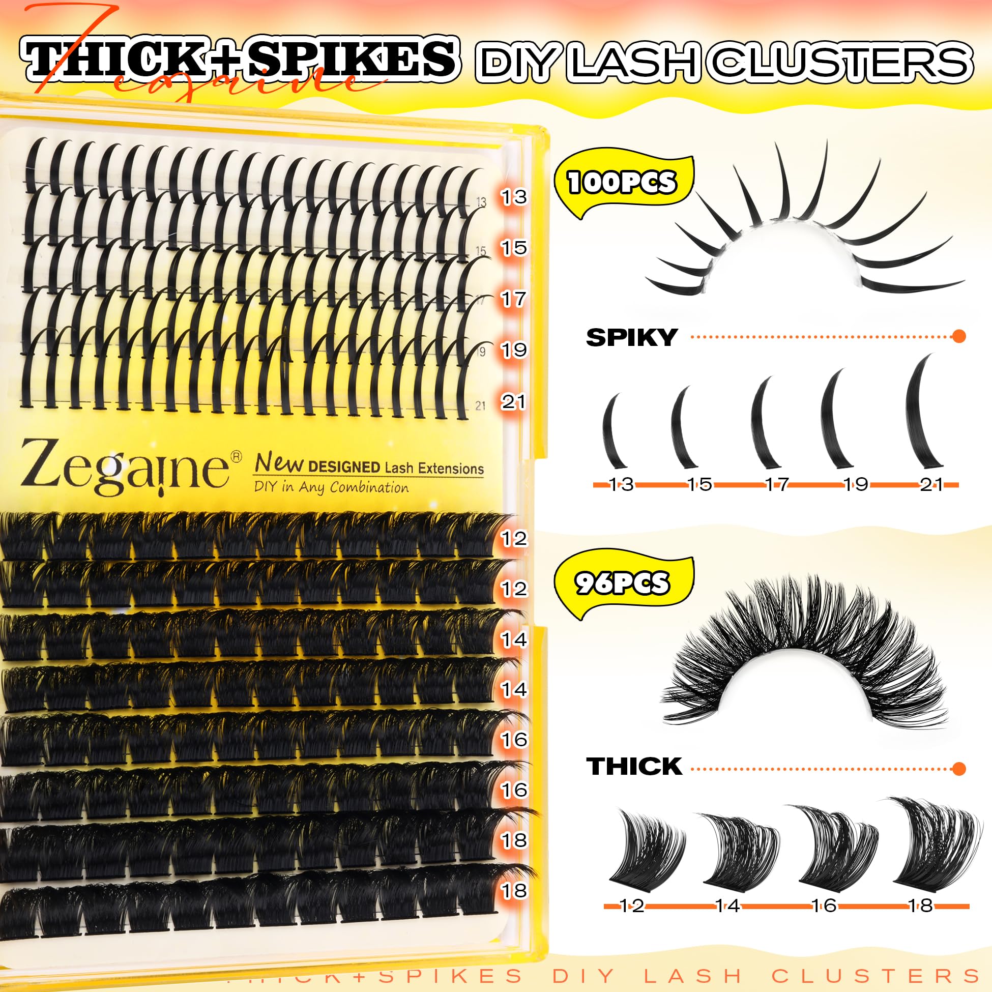 200D Fluffy Lash Clusters With Spikes Thick Eyelash Cluster 13-21MM Long Spikes Lash Clusters Fluffy Individual Lashes Volume Eyelash Extensions Mega DIY Lash Extensions 10-18MM 196Pcs by Zegaine - Image 2