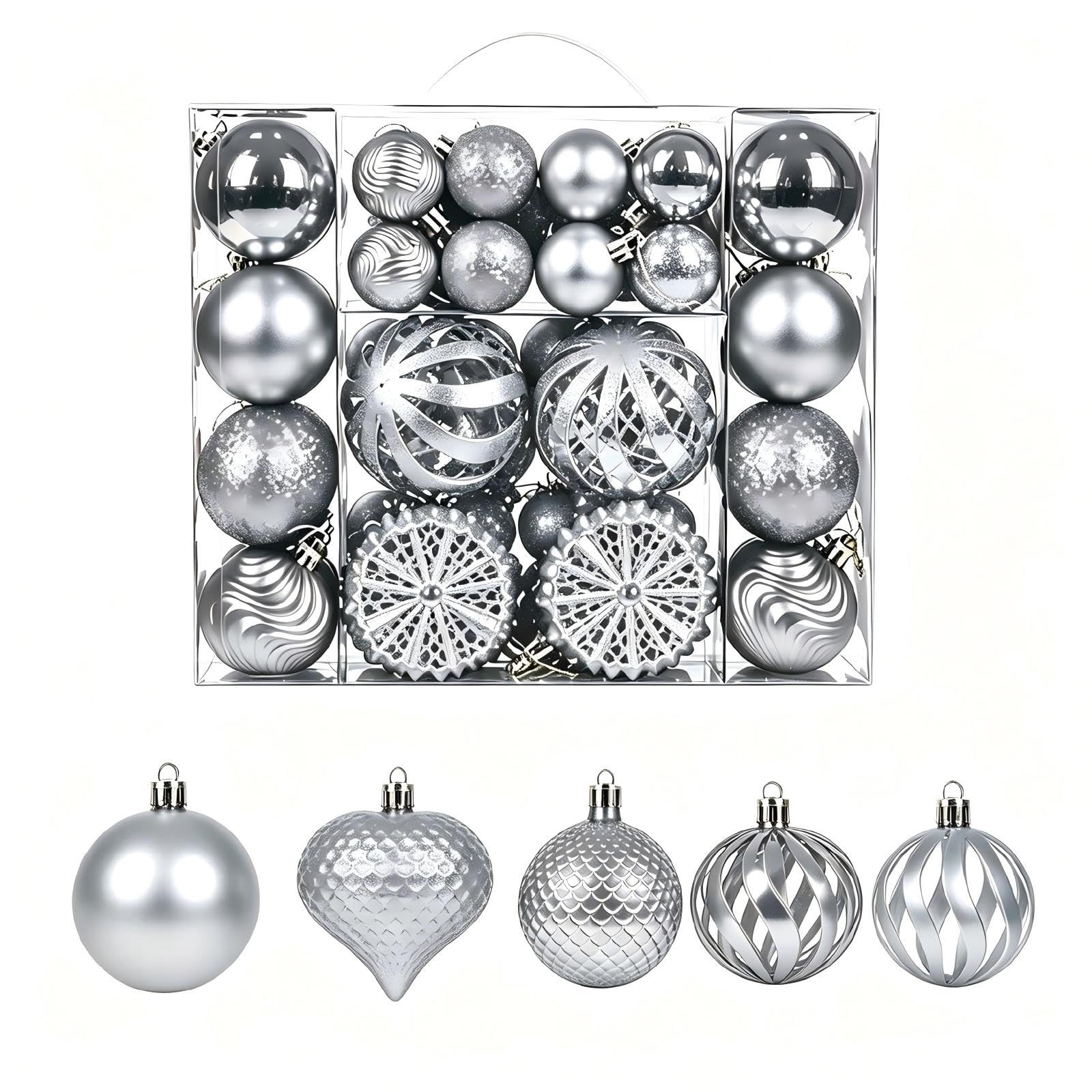 48 Pcs Christmas Balls Decoration,Silver 4-6-8cm Multiple Styles Shatterproof Christmas Baubles Elegant Colours Christmas Ornaments with Hanging Loop for Xmas Tree Home Decorations