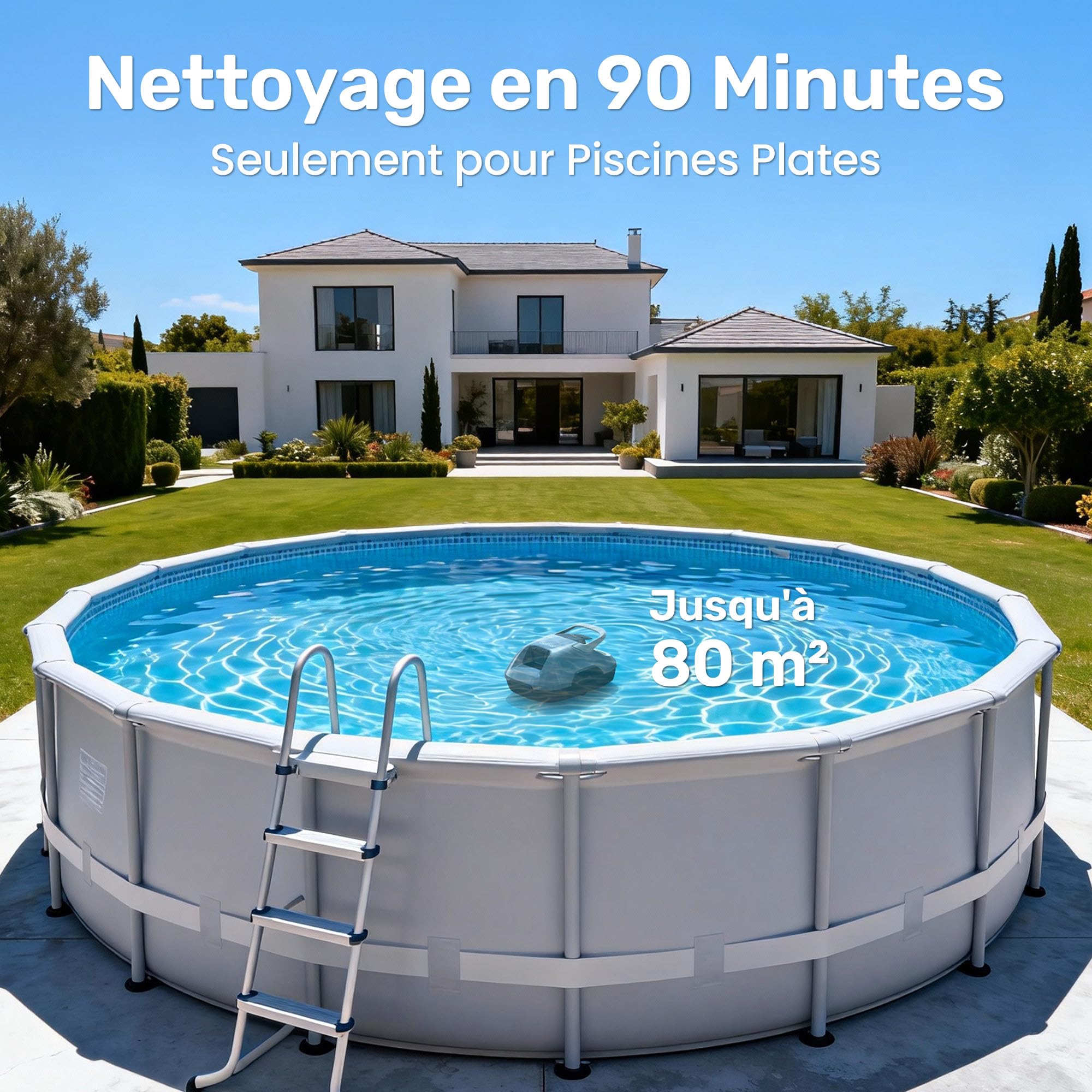 Gosvor Robot Piscine sans Fil, Aspirateur Automatique Piscine Hors Sol, 90 Min d’Autonomie, Retour Automatique, Portable, Robot de Piscine Jusqu’à 80 m²