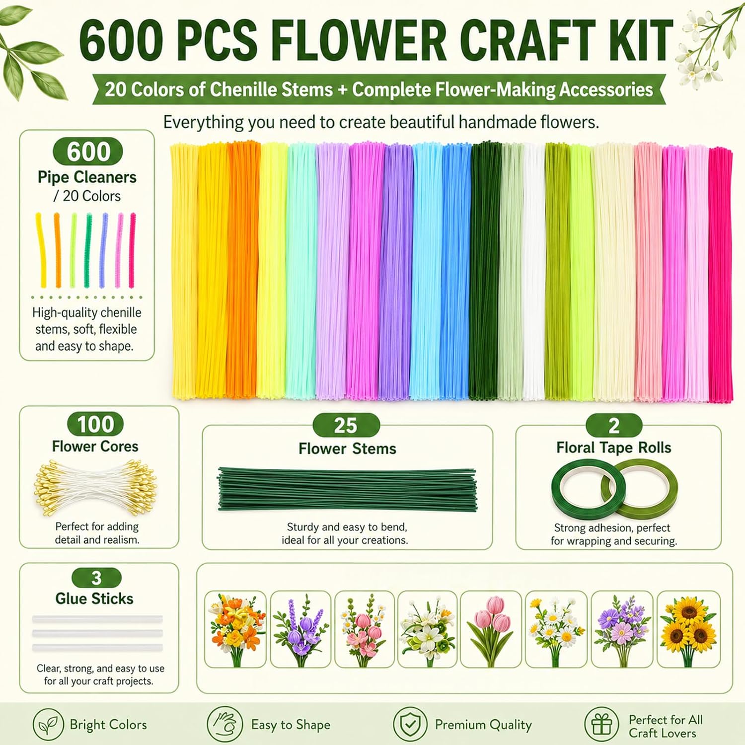 600 PCS Pipe Cleaners Craft, Pipe Cleaner Flower Kit with Handle, 20 Colors Chenille Stems Bulk, DIY Flower Making Kit, Art and Craft Supplies for Bouquets, Home Decor, Gifts