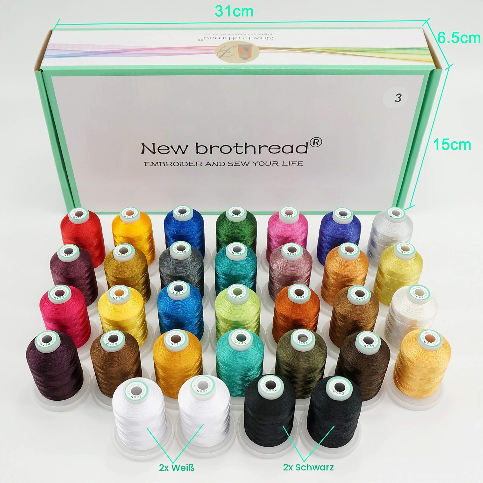 New brothread 32 Spulen Polyester Maschinen Stickgarn 1000M Jeder Spule - Farben ähnlich wie Janome und RA Farben - Sortiment 3
