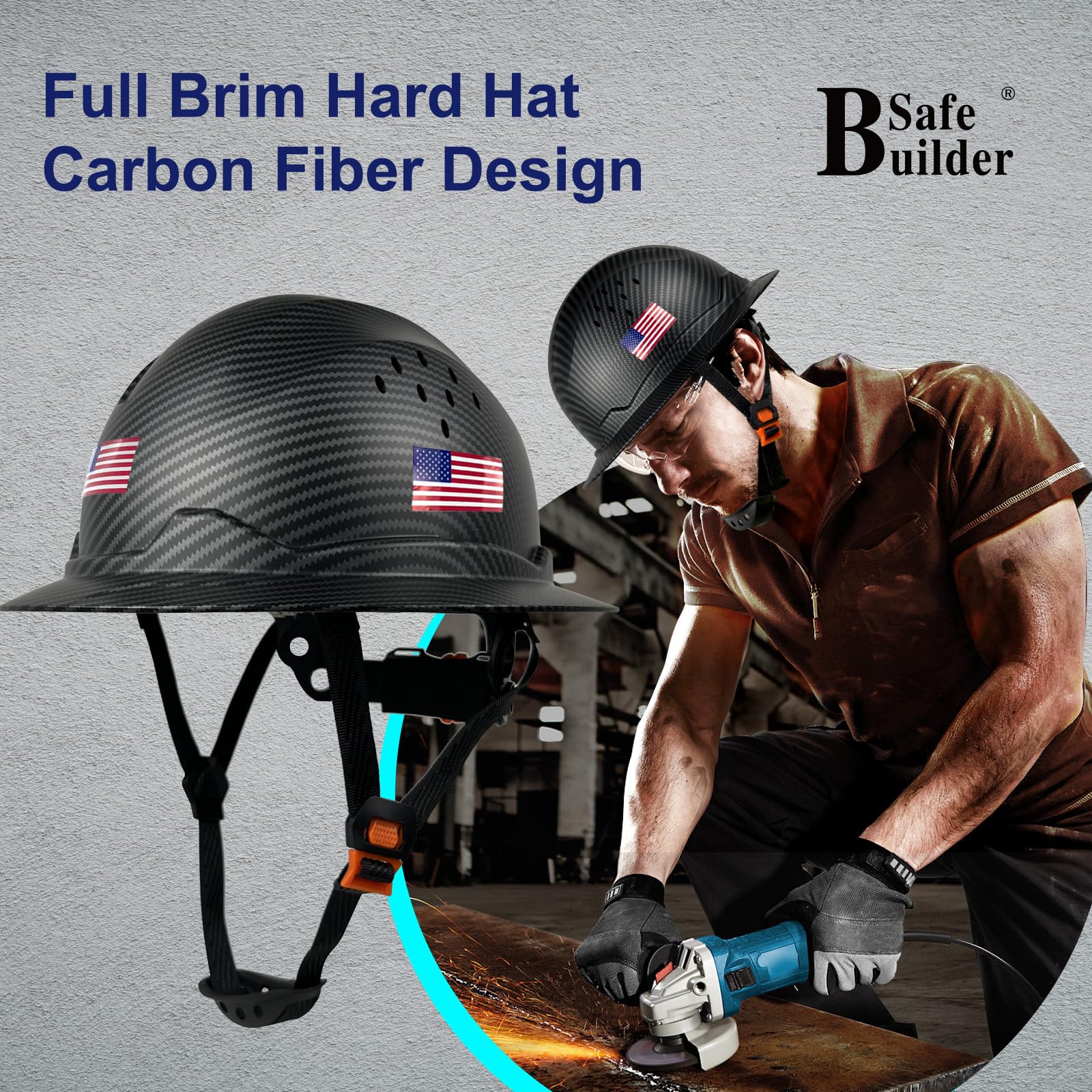 SAFEBUILDER SBD-G1C Casque de sécurité à bord complet en polyéthylène haute densité ventilé avec pare-soleil Motif fibre de carbone Travail industriel Certifié ANSI/ISEA Z89.1