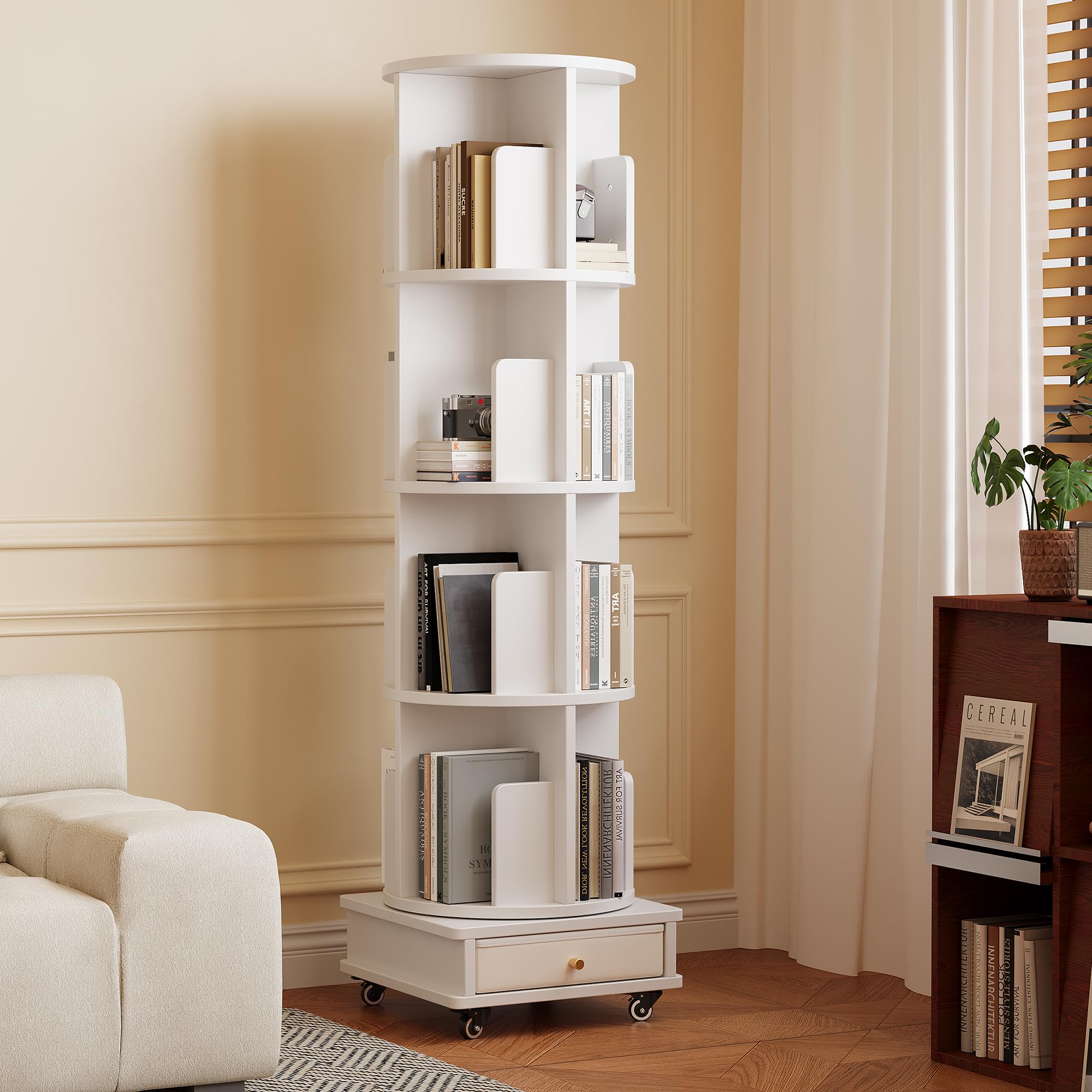 ChromaCasa 4 Tier Rotating Bookshelf 360° Revolving Bookcase with Casters and Drawer, Floor Standing Shelves Space-Saving Storage Organizer for Bedroom Living Room Office — image 1