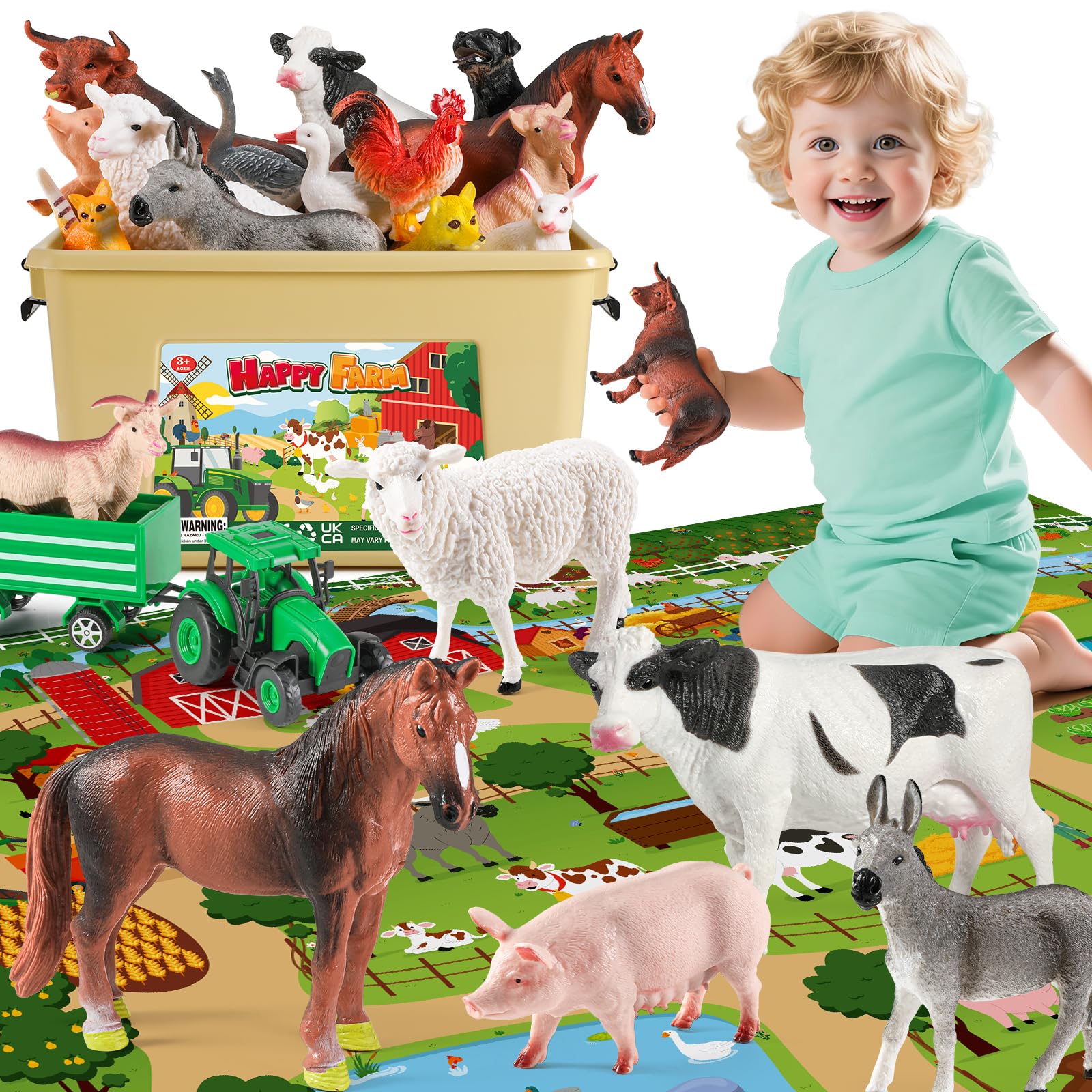 FRUSE Farm Animals Toys with 120 x 80cm Large Play Mat,38 Pieces Animal Figures Playset with Animal Figures,Tractors Toys and Fencing,Educational Toys for Toddlers and Kids 3-5 Years