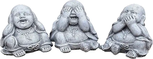 Set of 3 Handmade Stone Buddha Garden Sculptures - Hear Nothing See Nothing Say Nothing