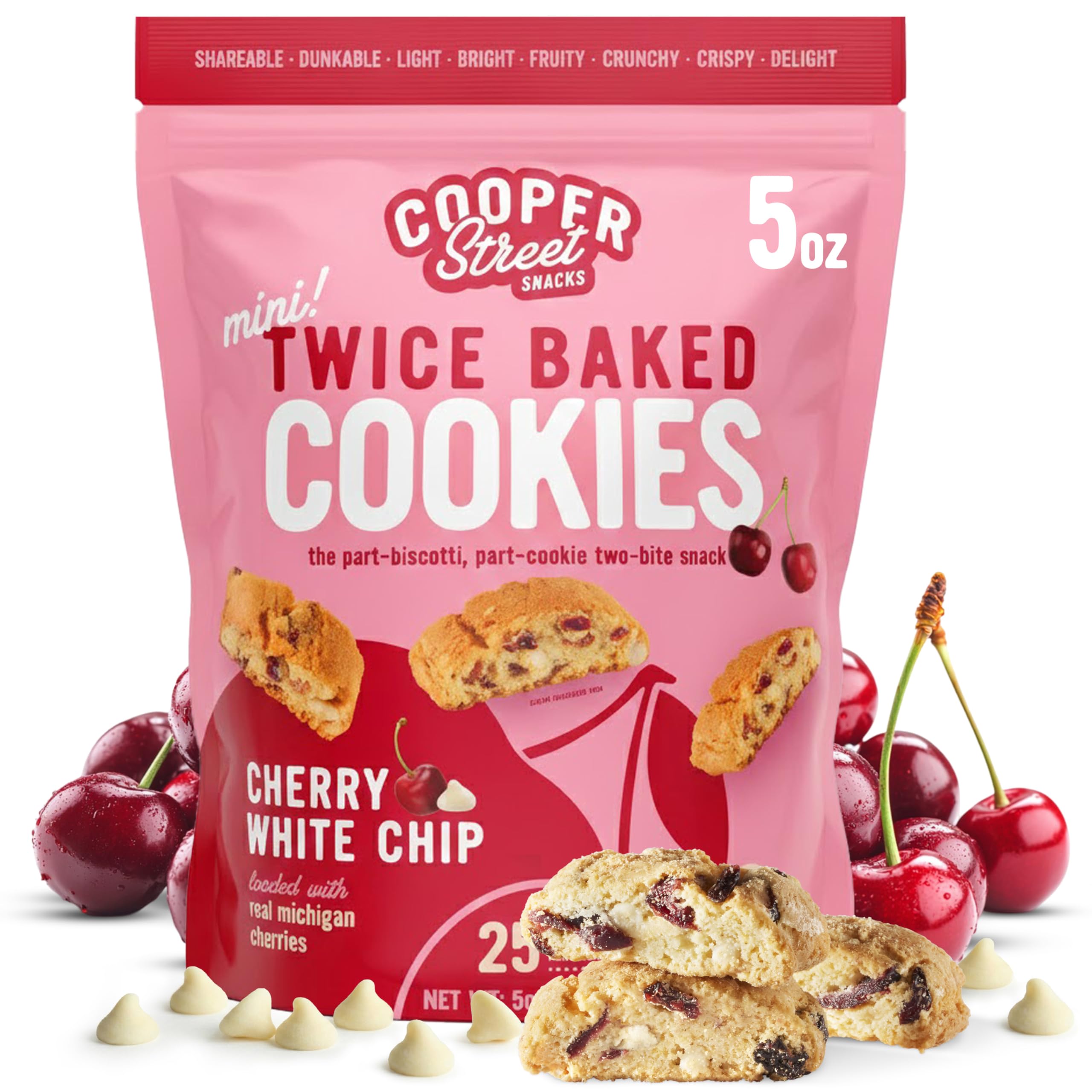 Cooper Street Twice Baked Cherry White Chip Biscotti Cookies - Light and Crispy Coffee Cookie Bites - Traditional Low Calorie Italian Snacks for Adults & Kids - Kosher, Dairy, Peanut & Soy Free - 5oz