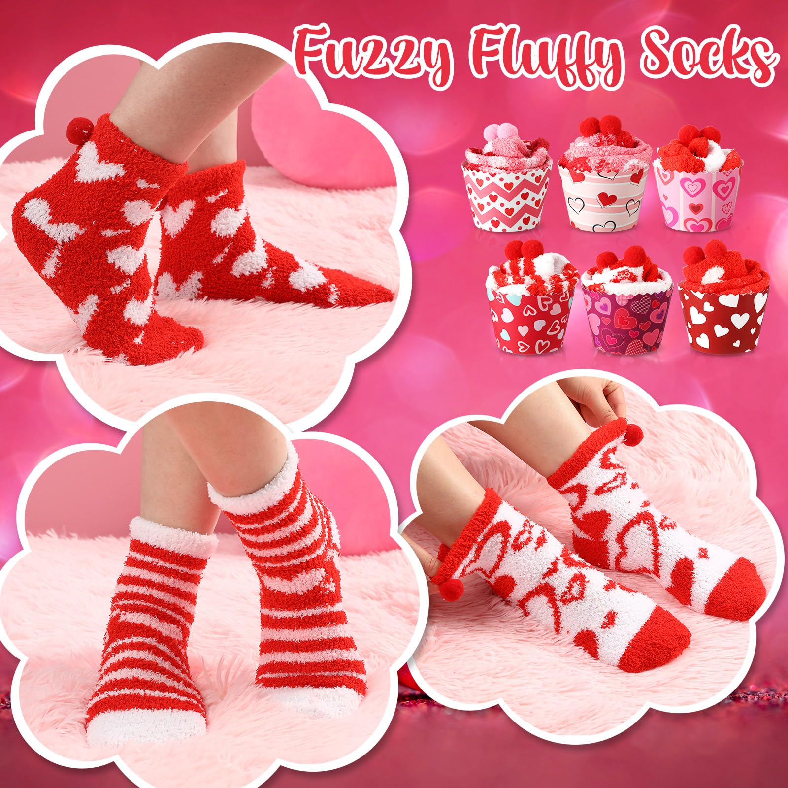 Lot de 6 paires de chaussettes pelucheuses pour la Saint-Valentin avec carte cupcake - Cadeau idéal pour homme et femme (cœur), Couleur mignonne, One Size Women/One Size Men