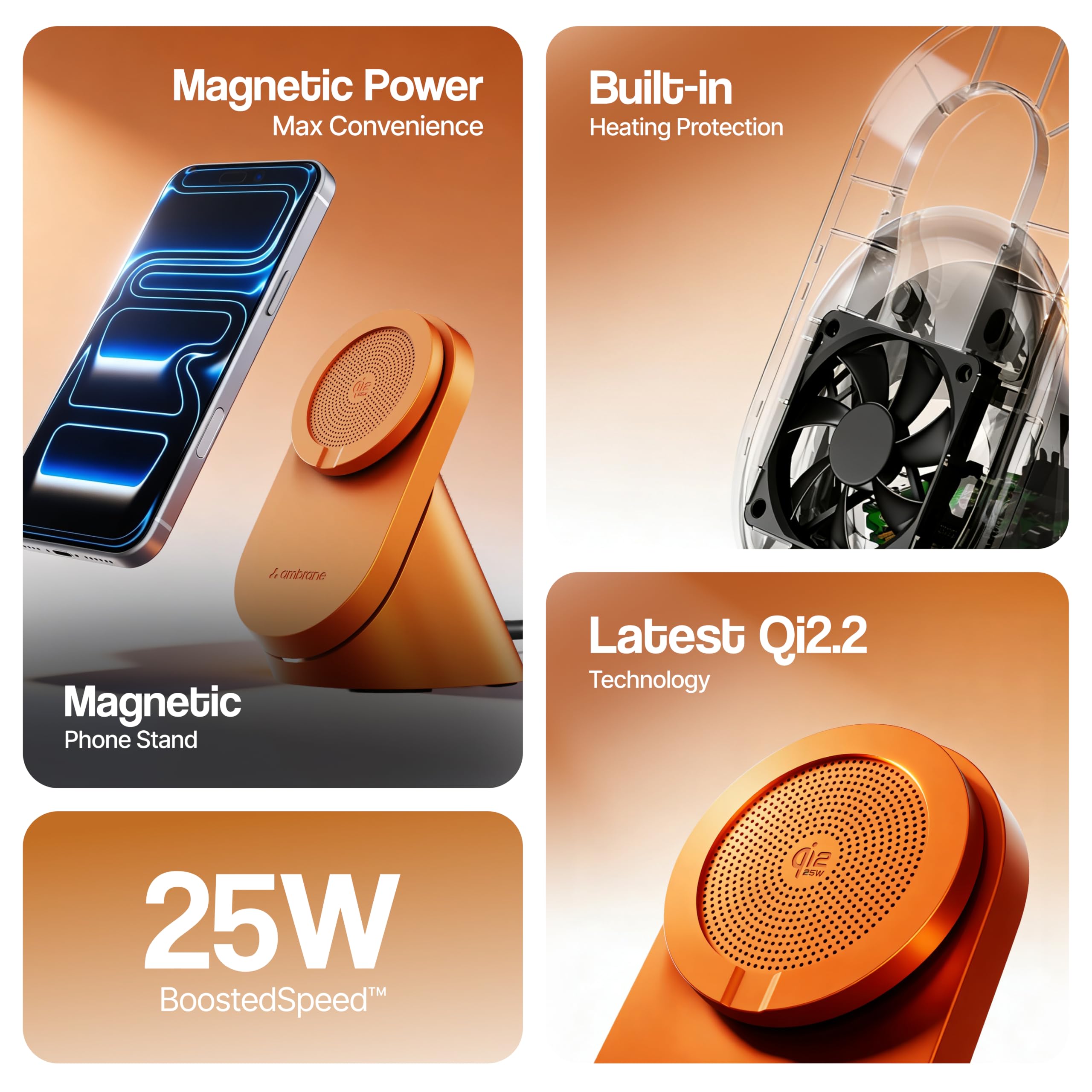 Ambrane 25W Qi2.2 Magsafe Wireless Charger with Stand & Heat Control Mechanism, Perfect for Table, Fast Charge 40% in Just 30 Mins Wirelessly for iPhone 12-17 All Models (AerosynQ 4, Orange) — Amazon image 2