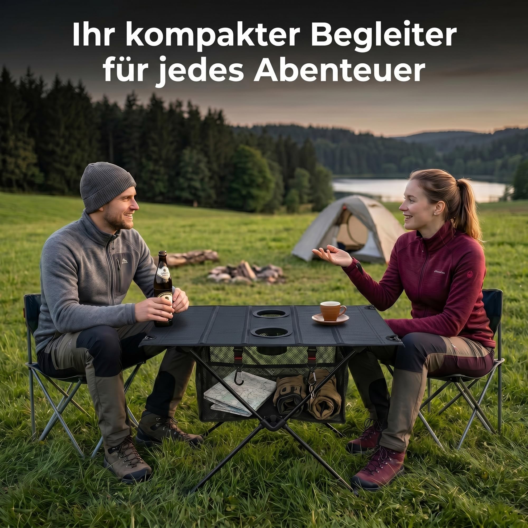 Campingtisch Klappbar Aluminium, Schwarz, 60x39x37cm | Ultraleicht, Taktisch, Aufbewahrungsnetz & 4 Haken, Tragbar, Für Camping, Picknick, Angeln, Grillen