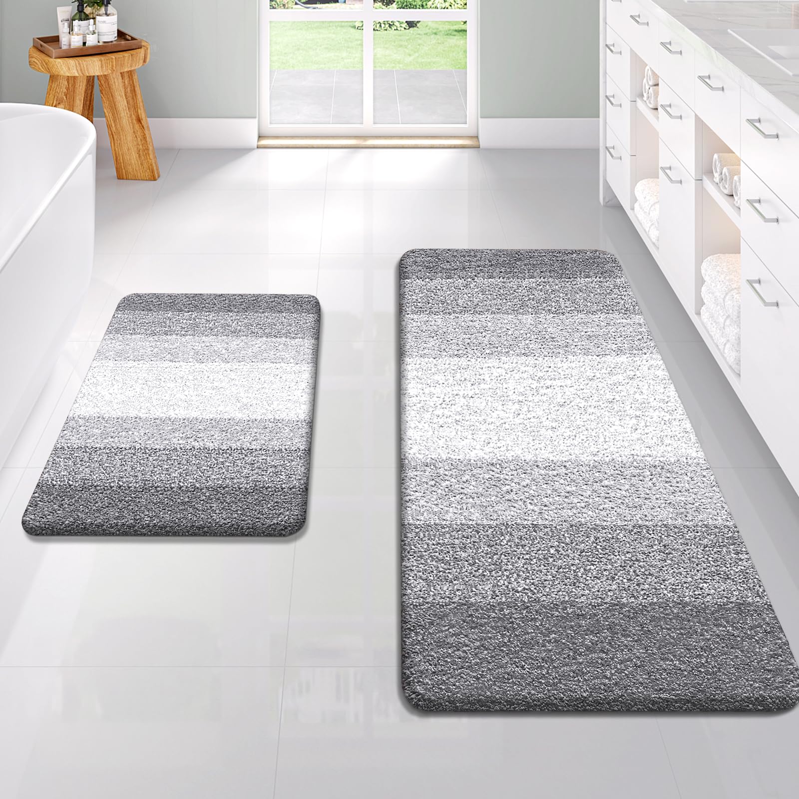OLANLY Badezimmerteppich-Set, 2-teilig, weich, saugfähig, Mikrofaser, rutschfest, maschinenwaschbar, trocknergeeignet, Plüsch-Badematten für Badezimmer (119,4 x 50,8 cm + 61 x 40,6 cm, Hellgrau)