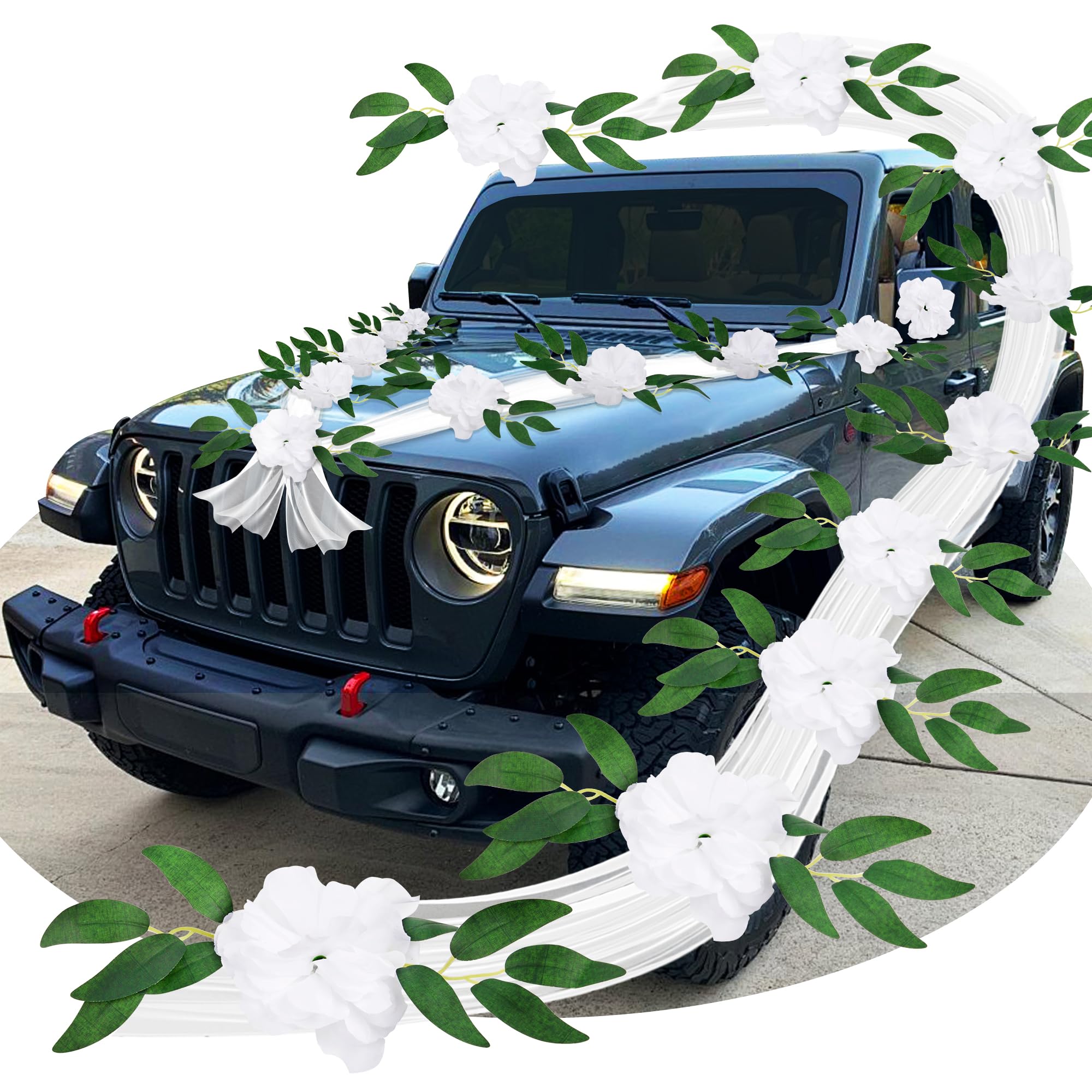 Decoracion Coche de Boda kit de Adornos Coche Boda Flores 11 Piezas Flores Artificiales para Coche Boda Exterior con 2 Piezas Tul para Coche de Boda