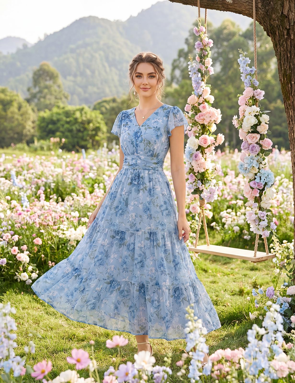 Grace Karin Robe d'été pour Femme, Robe Maxi Florale, Manches Courtes, Robe d'invité de Mariage Fluide Semi-Formelle avec Poche