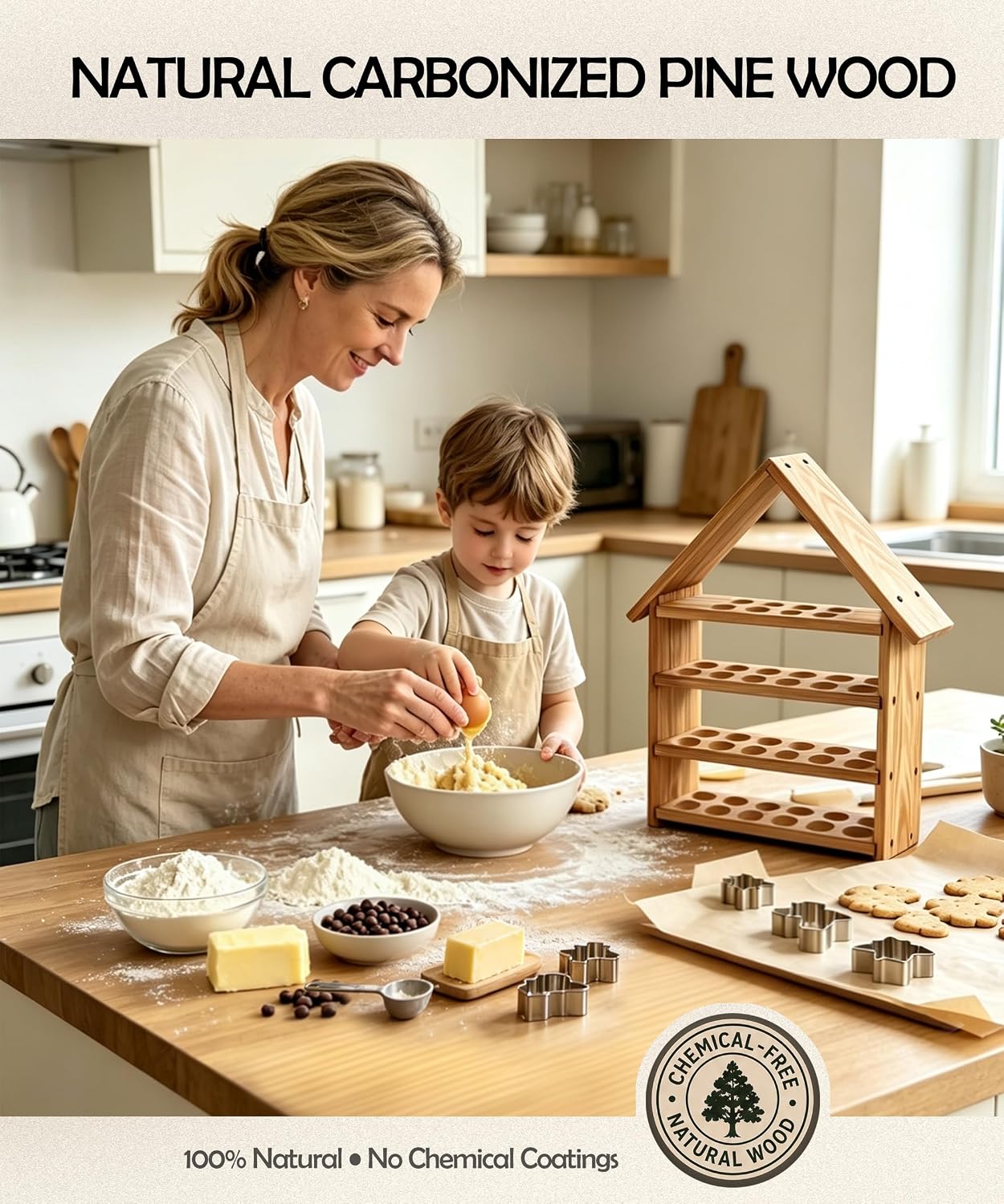Egg Holder Countertop & Wall Mount, 4-Tier Wooden Egg Rack, Holds 44 Fresh Eggs, Pull-Out Trays, Farmhouse Pine Organizer Egg Storage Unit, for Wall Decoration, Festival Display, and Gifts