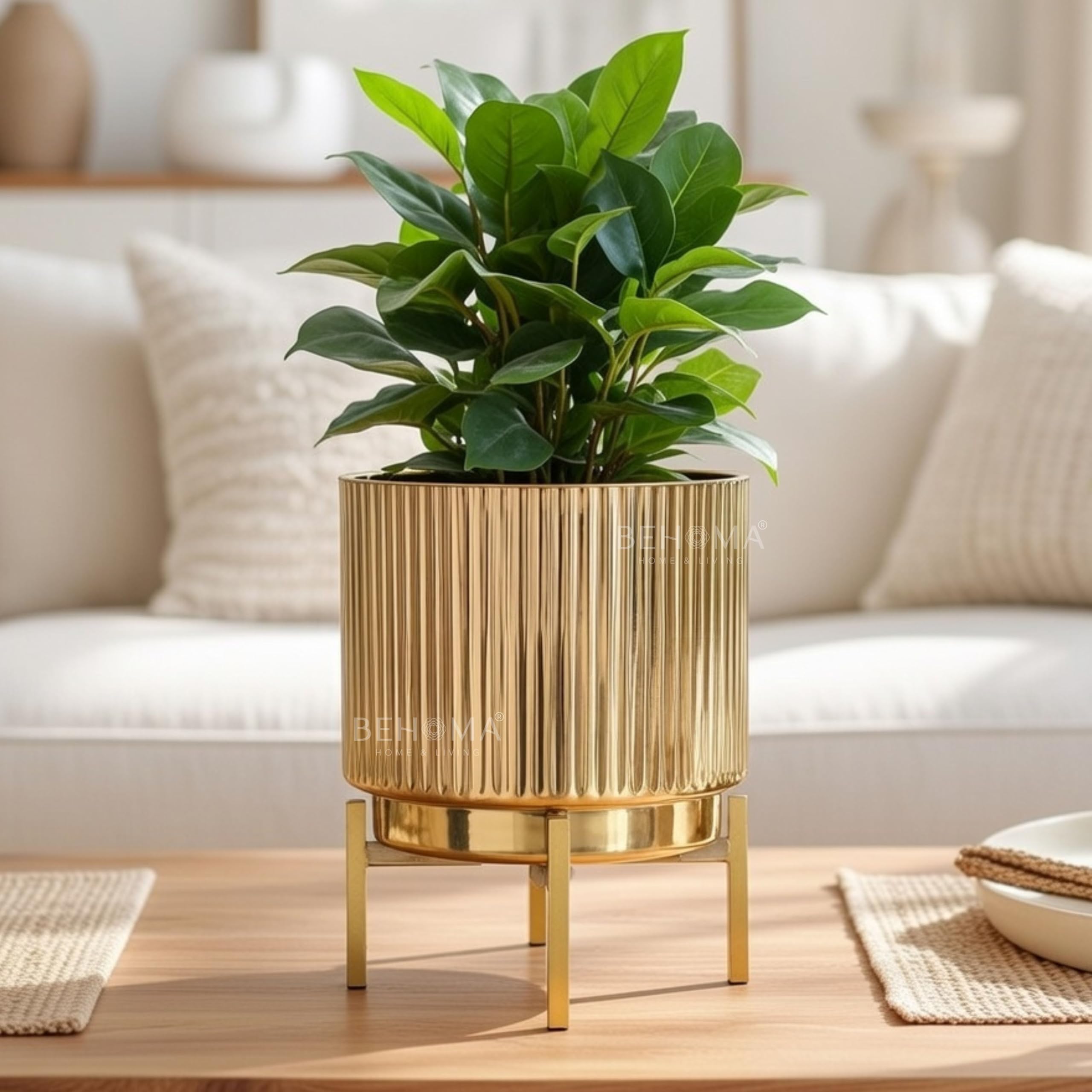 Gold Fluted Planter with Stand - Elegant Home Decor -1