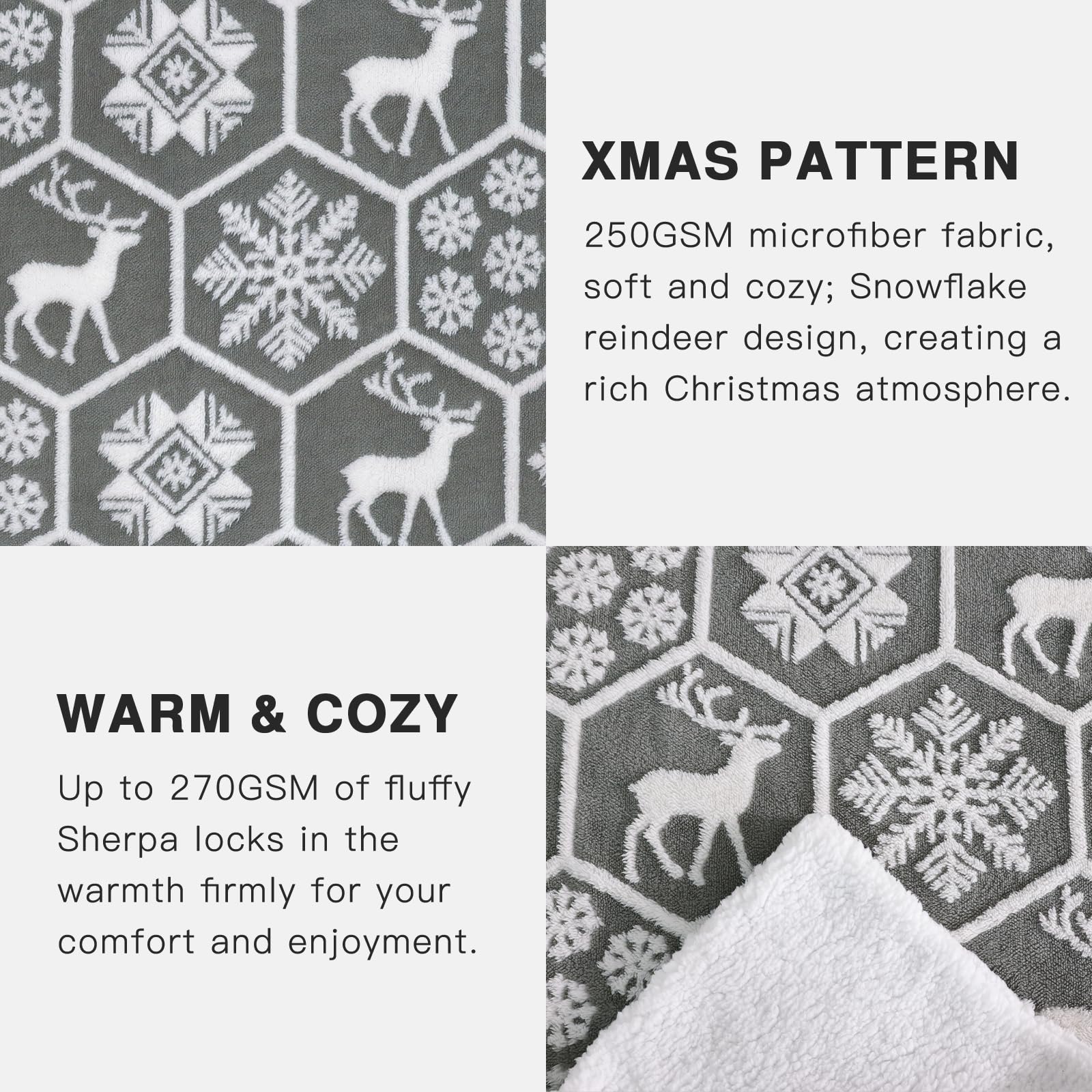 PanxHome Coperta Plaid Pile 200x230cm, 520GSM per Natale Con Renne e Fiocchi Di Neve, Pelosa per Letto Super, Blanket di Alta Qualità, Una Coperta di Natale per Tutti(Grigio)