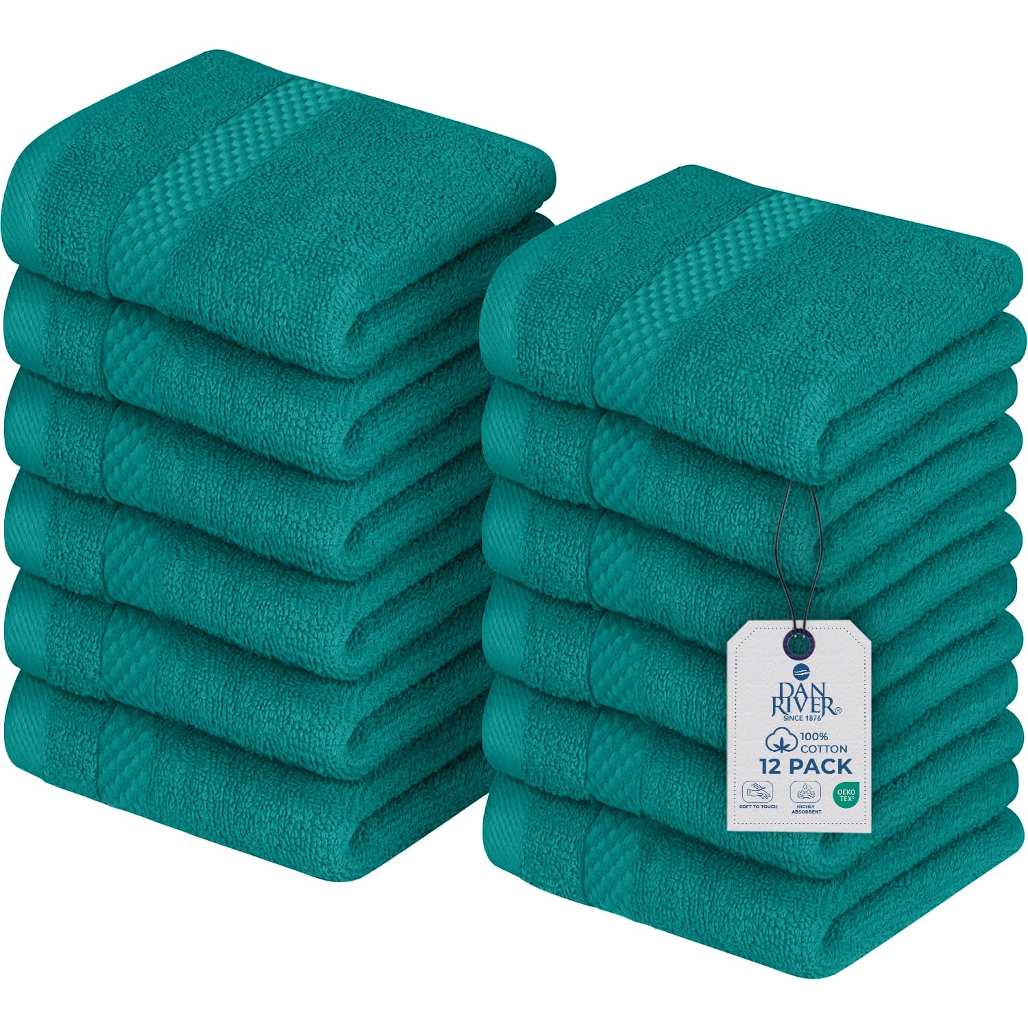 DAN RIVER 12-Pack Premium 100% Cotton Teal Face Towels for Bathroom - Reusable Face Wash Cloths for Showering 12x12 Inches - 550 GSM Super Soft &amp; Absorbent Luxury WashCloths for Body, Spa &amp; Gym