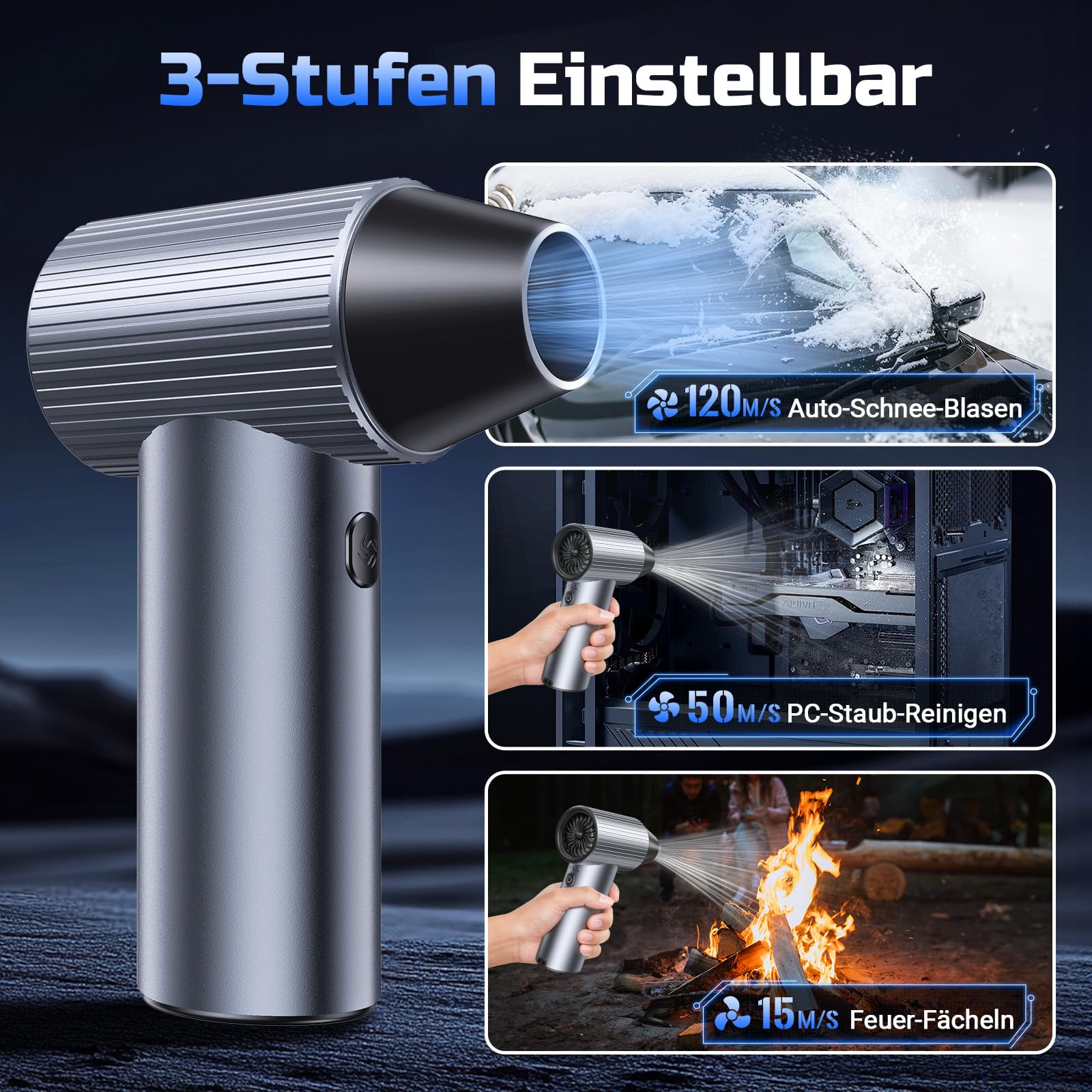 Solareye Druckluft Compressed Air Duster 3-Gang 300000 U/min Elektrische Staubgebläse 7500mAh Akku PC Reinigungsset