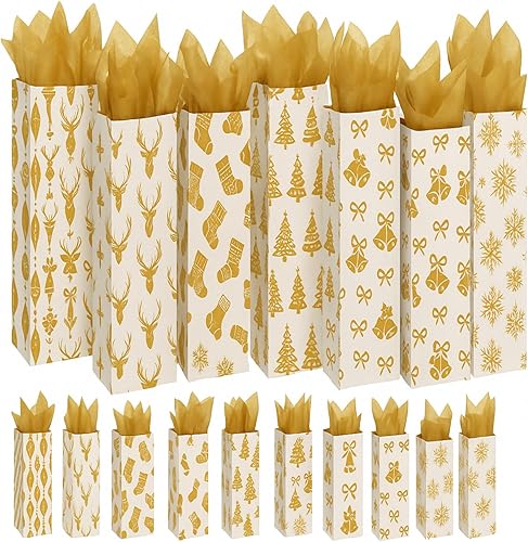 Miniatura 7 de Qilery 60 bolsas de regalo de botella de vino de Navidad con asa, bolsas de regalo de vino Kraft de Navidad, bolsas de botellas de vacaciones con