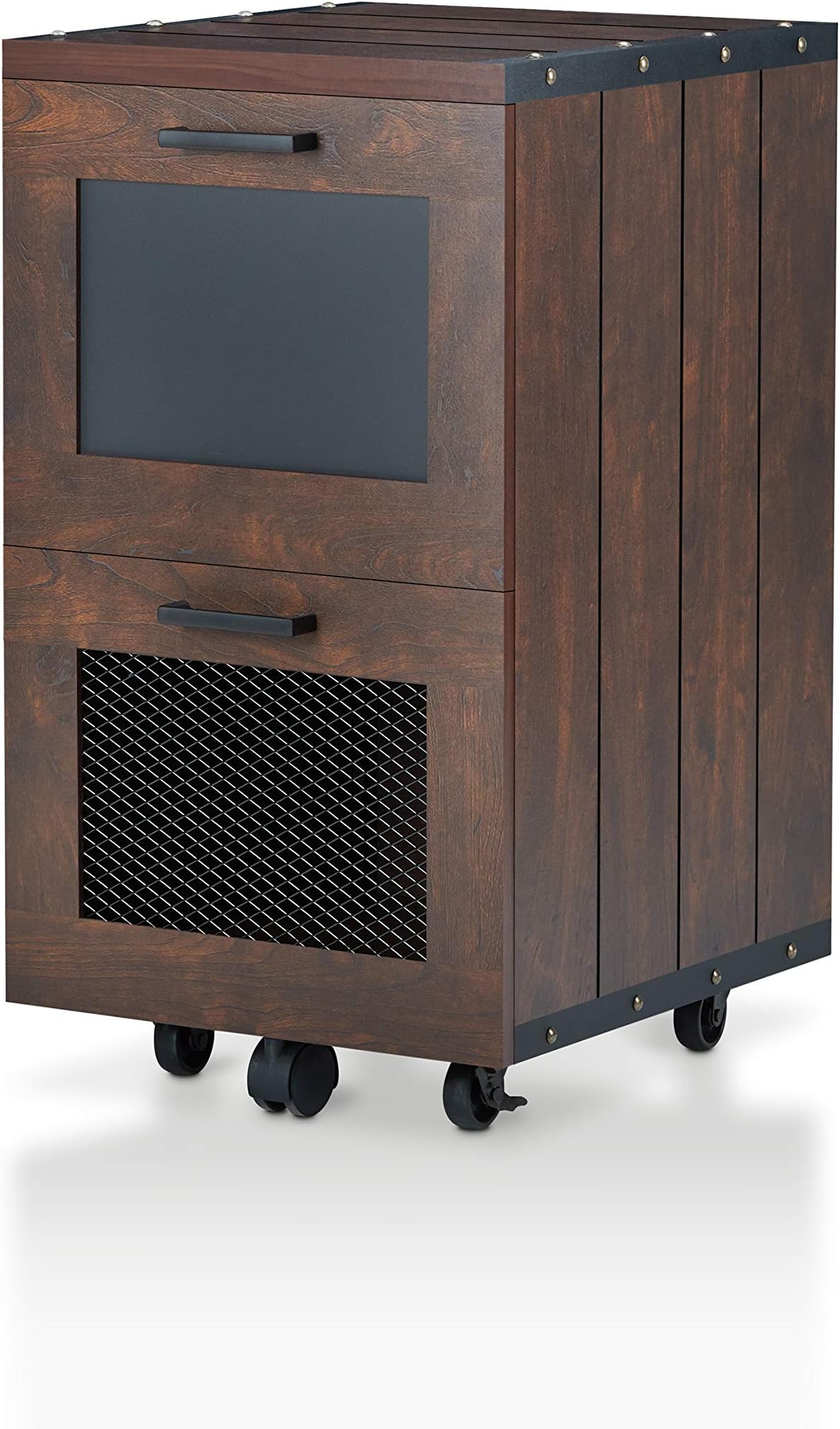 HOMES: Inside + Out Acosta Small Cabinet with Drawers, Wooden File, Industrial Decor Office Storage with Wheels, Retro Workspace Organization Furniture, Vintage Walnut