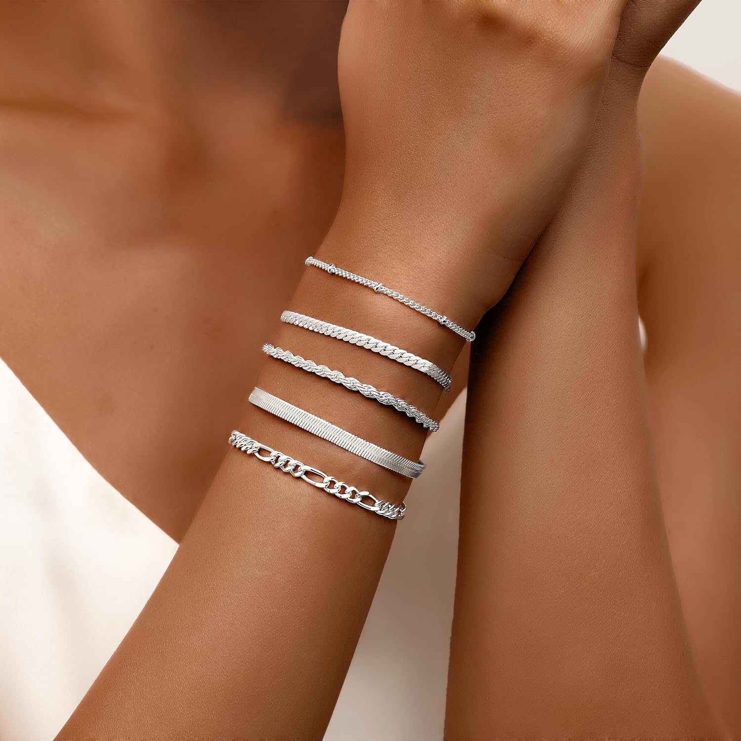 XIANNVXI Gold Plated Bracelets for Women Adjustable 14K Dainty Gold Bracelet Stack for Women Stackable Cuban Link Paperclip Chain Bracelet Set 5PCS Cute Trendy Bracelets for Present - Image 3