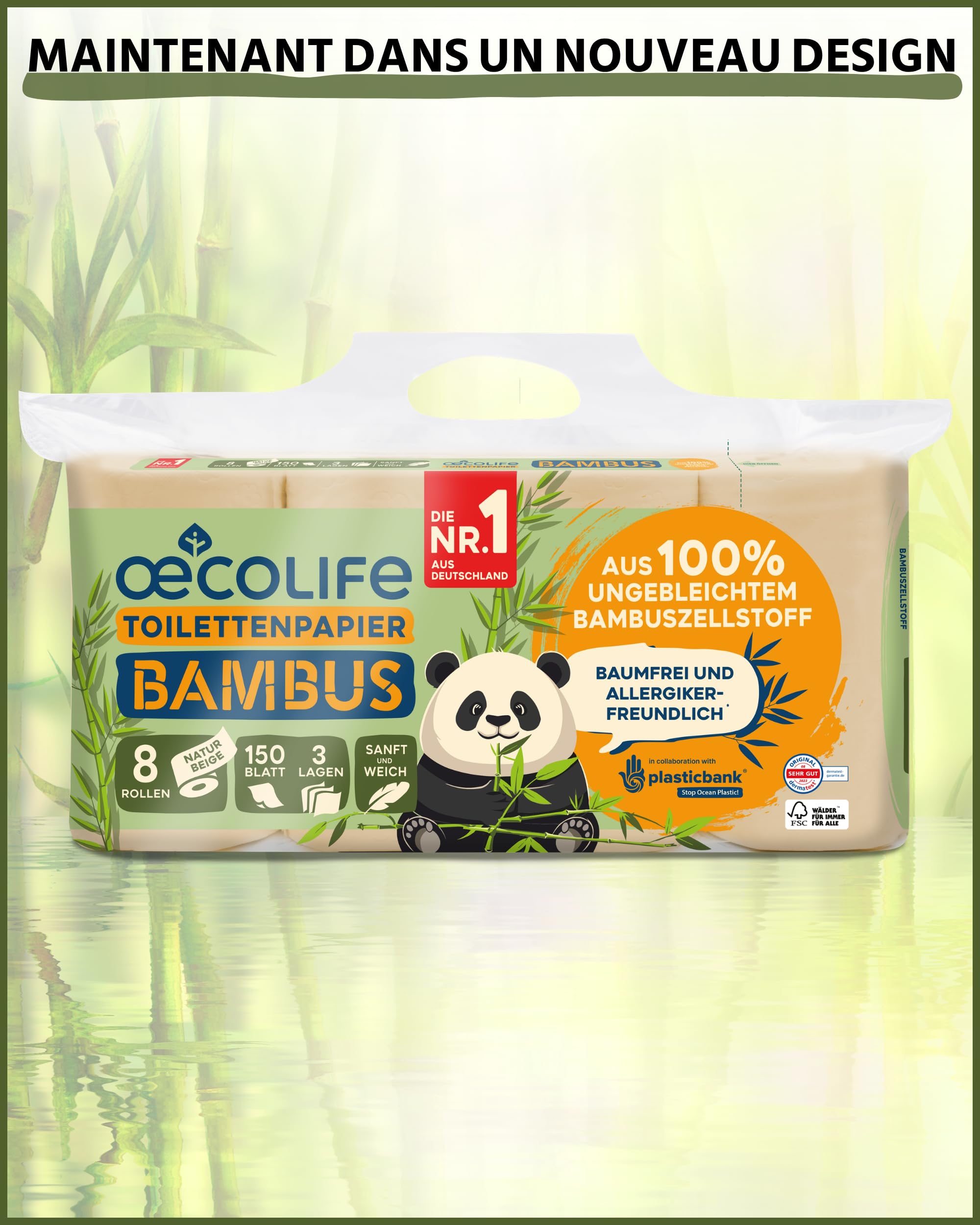 œcolife Lot de 56 rouleaux de papier toilette en bambou, 3 couches, 56 x 150 feuilles, super doux, végétalien, durable, emballage 60% PCR