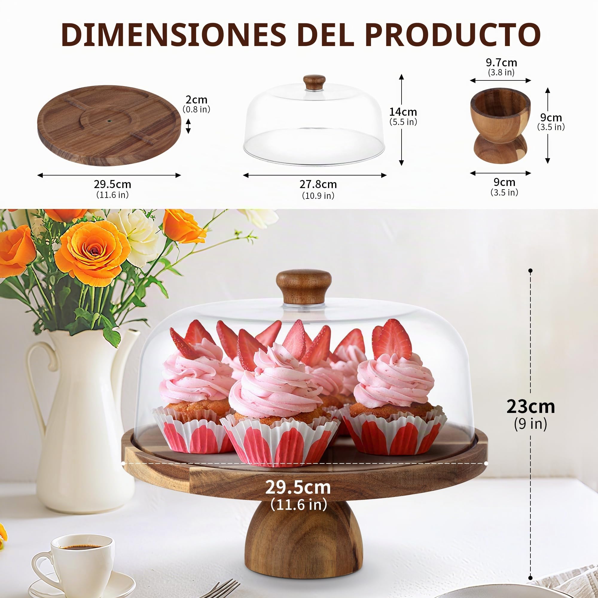 30cm soporte tarta de madera | bandeja doble cara para postres, frutas y snacks con base para tartas desmontable y campana para tartas PET transparente | Ideal boda, fiesta, té de la tarde
