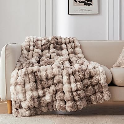 COOVA Faux Fur Throw Blanket for Couch, Cozy Soft and Fuzzy Plush Rabbit Fur Bubble Blanket for Sofa Bedroom Living Room, 60x80 Inches Tie Dye Brown