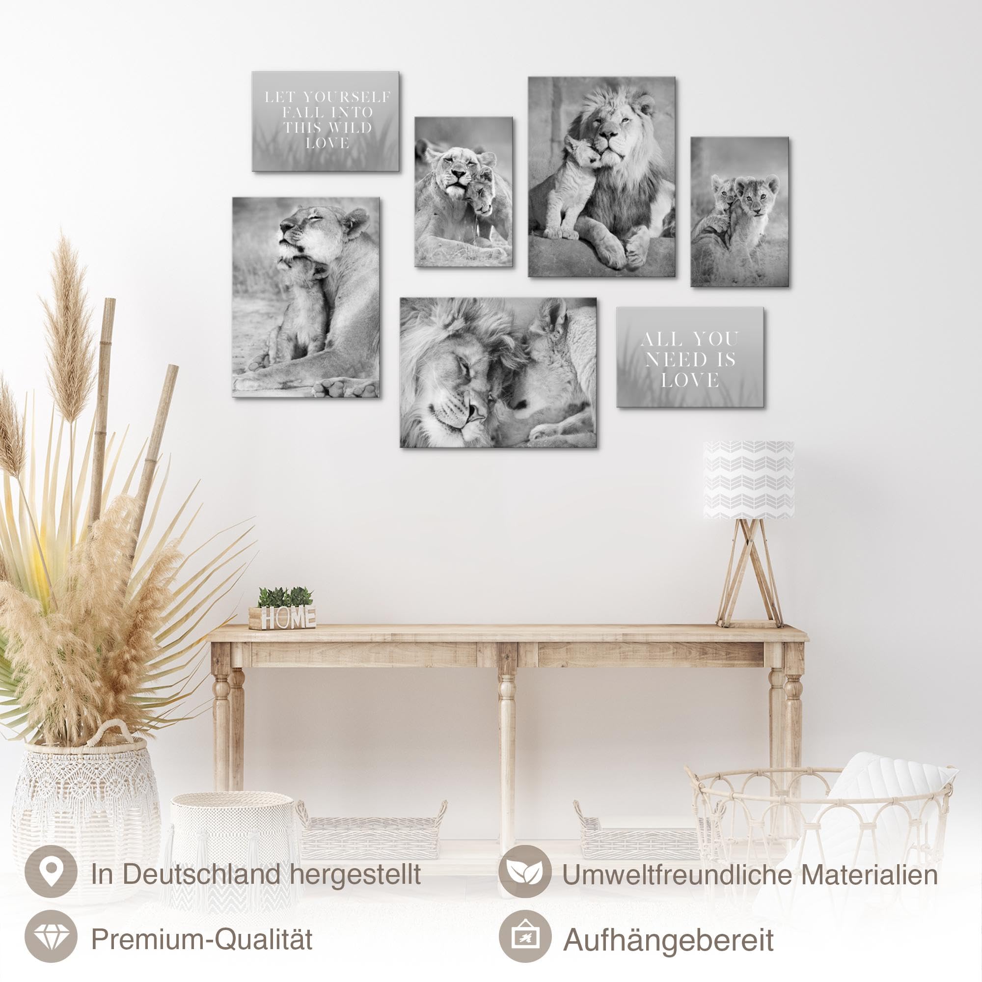 Novart Wandbilder Löwen Afrika Tiere - KOMPLETT AUFHÄNGFERTIG - Schwarz Weiss Wohnzimmer Schlafzimmer Flur - 7 Moderne Mood-Bilder - N036271b