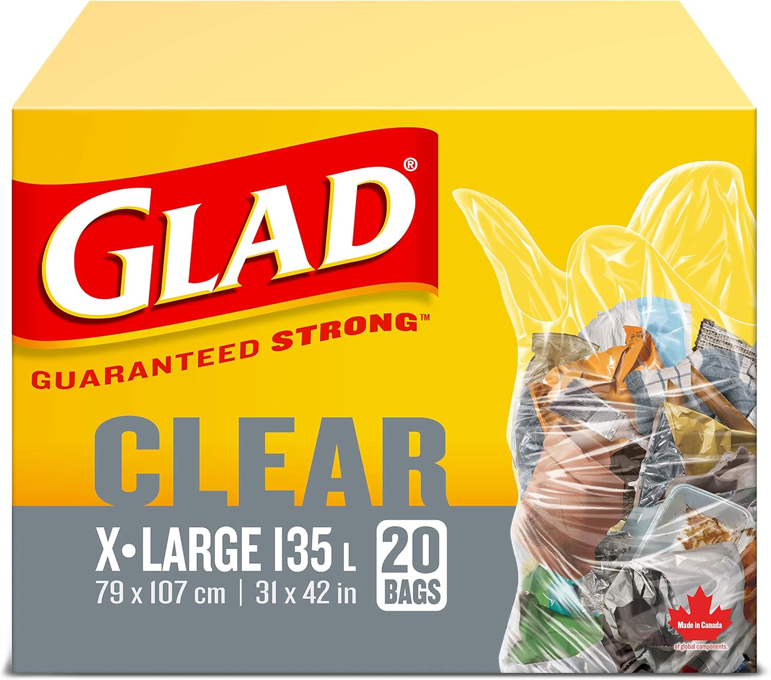 Glad Clear Garbage Bags ExtraLarge 135 Litres 20 Trash Bags, Made