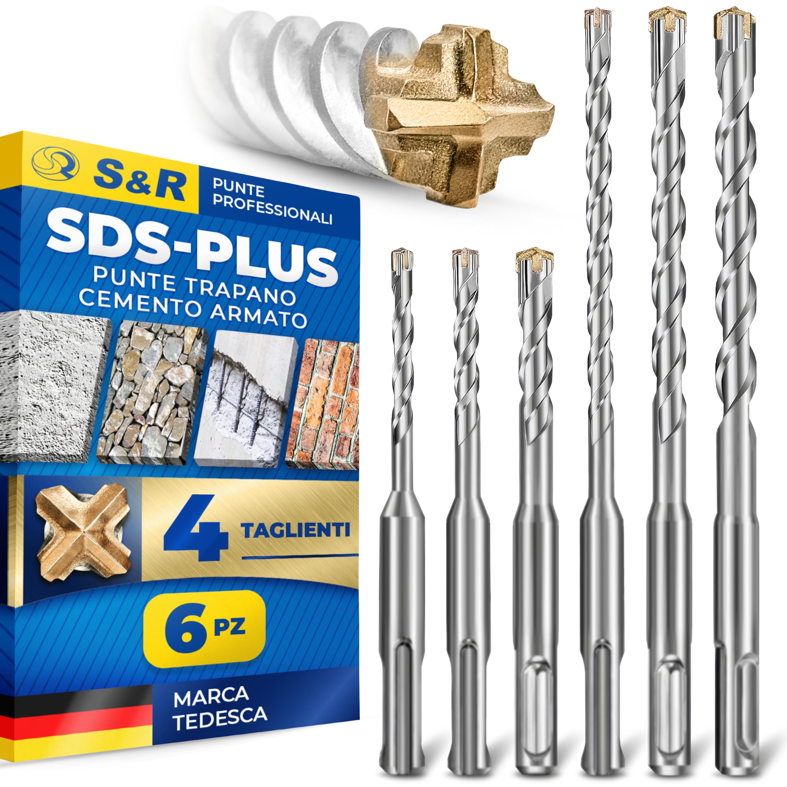 S&R Set Punte Trapano SDS-Plus a 4 taglienti - 6 Punte per CEMENTO ARMATO e Muratura. Ø 5/6/8 x 11cm - 6/8/10 x 16cm. Punte Professionali per Trapani di Tutte le Marche.