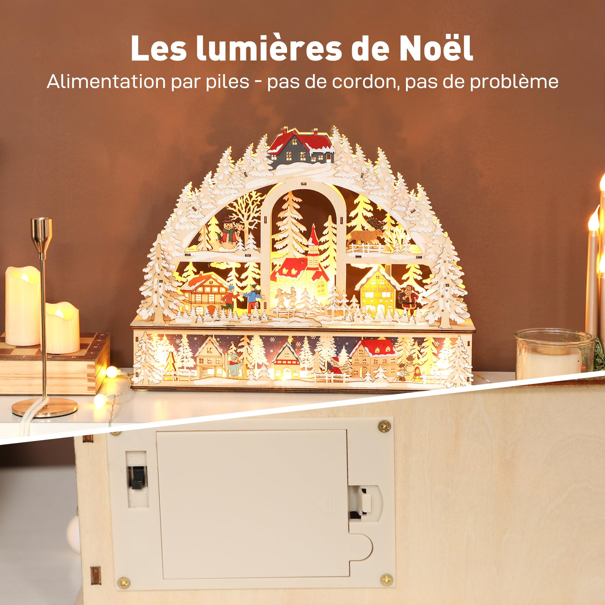 HOMCOM Village de Noël Lumineux 20 LED Animé 45 x 10 x 35 cm Bois Naturel | En Arc à 3 Niveaux, Effet Bois, Fonctionne sur Piles