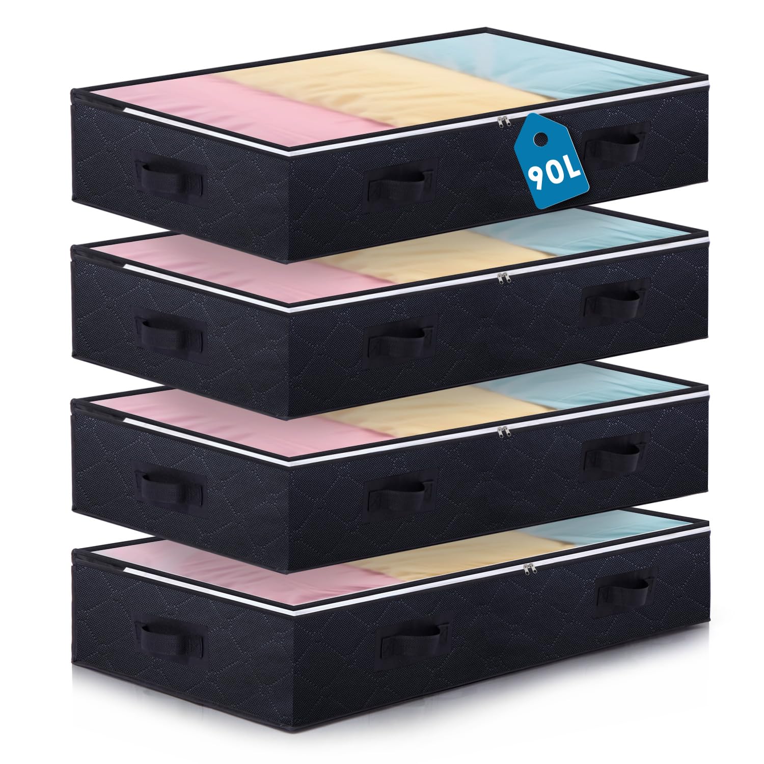 Boic 4 Stück Faltbarer Unterbettkommoden, 90L Unterbett Aufbewahrungsbox Aufbewahrungsbox Mit Deckel Bettwäsche Organizer Aufbewahrungstasche Große Mit Stabilem Griff Unterbettkommode Stabil (Schwarz)