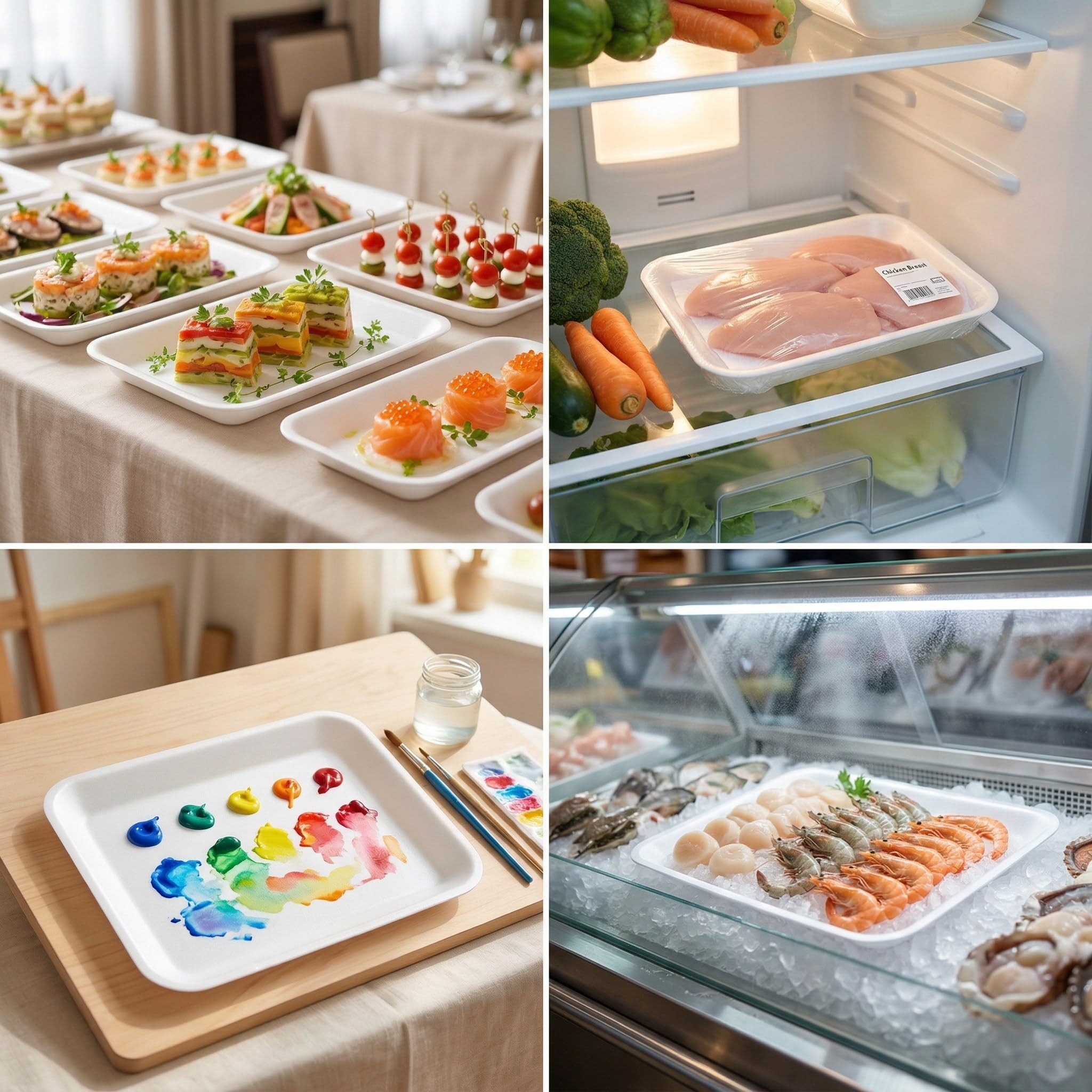 Weiße Styropor-Tabletts (25 Stück/Set - 20 x 13 x 2,3 cm) mit weißem Fleischabsorbierer-Pad, Standard Supermarkt Einweg-Lebensmitteltablett