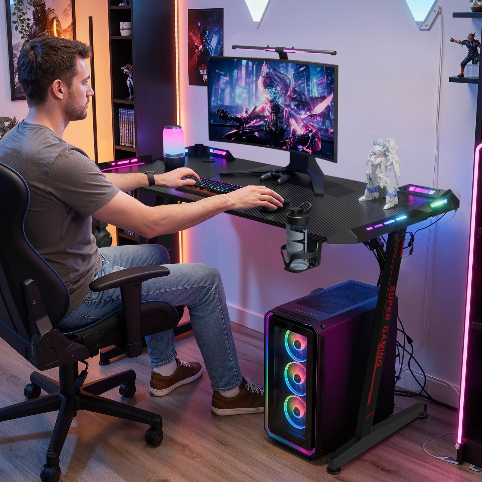 Huracan Gaming Tisch 160cm mit LED RGB Beleuchtung, XXL Gaming Schreibtisch mit Kohlefaser Oberfläche, 10-stufig dimmbar, Stabiler Z-Form PC Tisch Computertisch mit Kopfhörerhaken & Getränkehalter