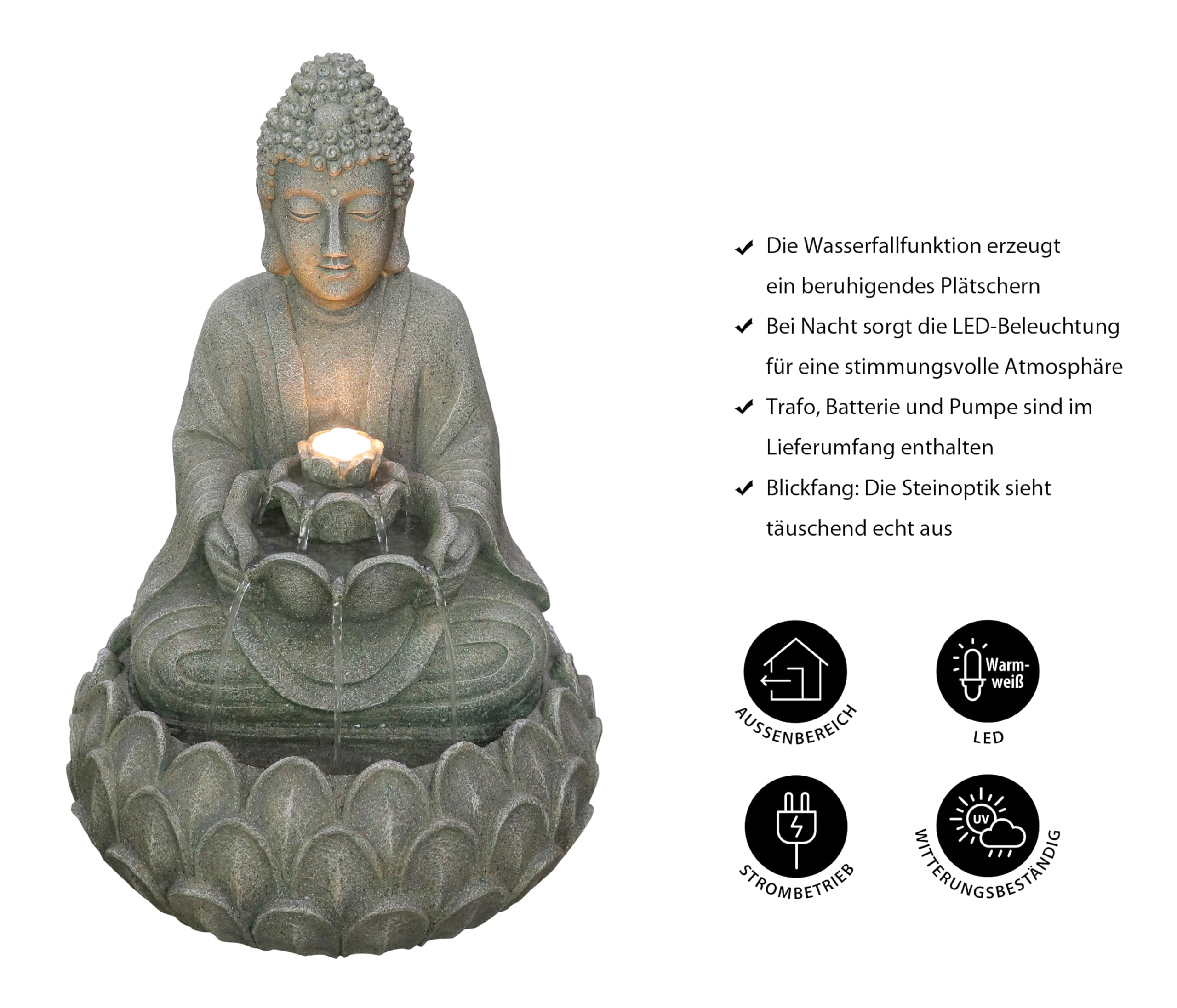 Dehner Gartenbrunnen Yoga, Outdoor-Brunnen, mit LED-Beleuchtung, solarfähig, ca.36,5x55x36,5 cm, Polyresin, grau