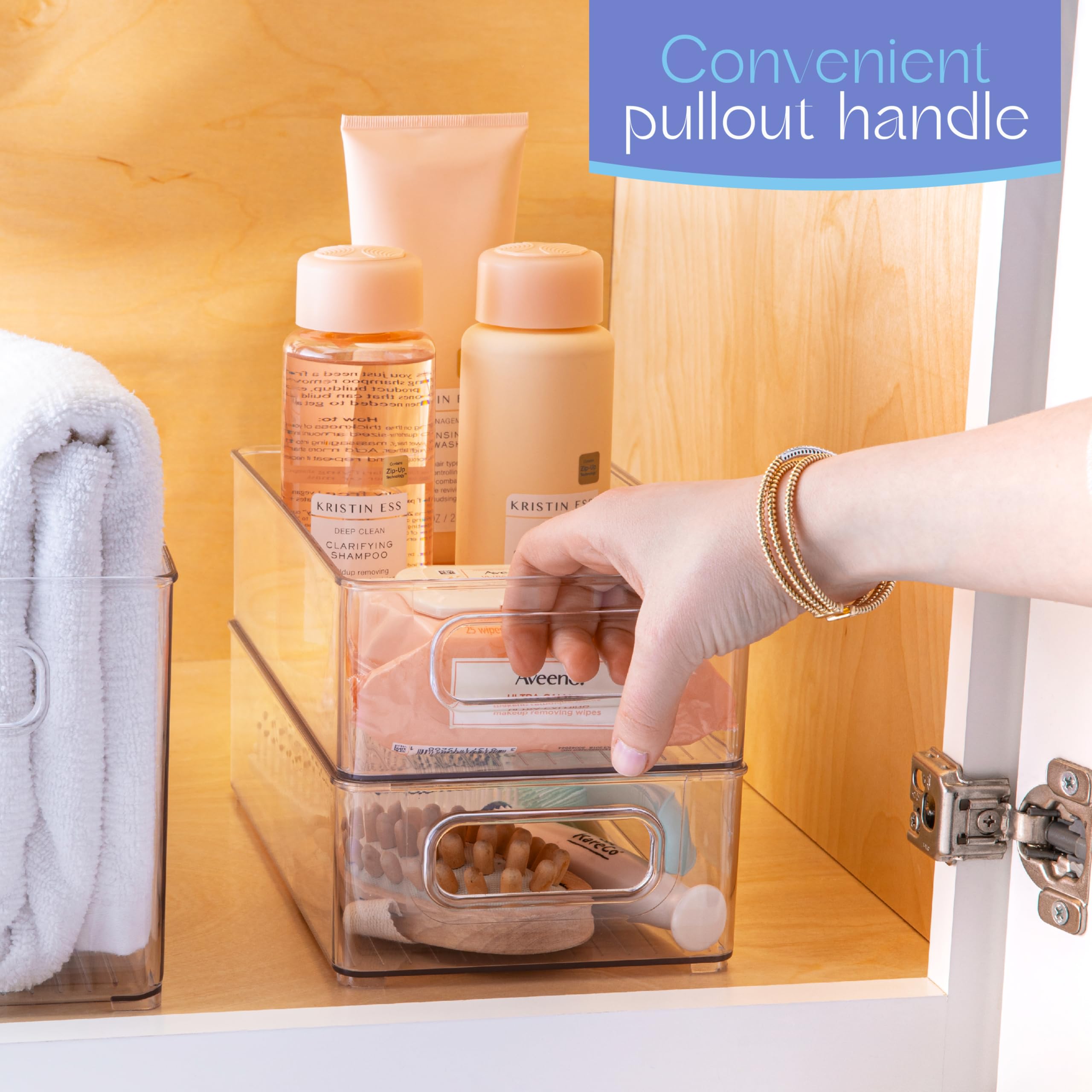 Contenedor de plástico transparente para almacenamiento de alimentos con asas para organizar cocina, despensa, refrigerador, congelador, despensa, armario, baño. Apilable, 10 x 6 x 3 pulgadas