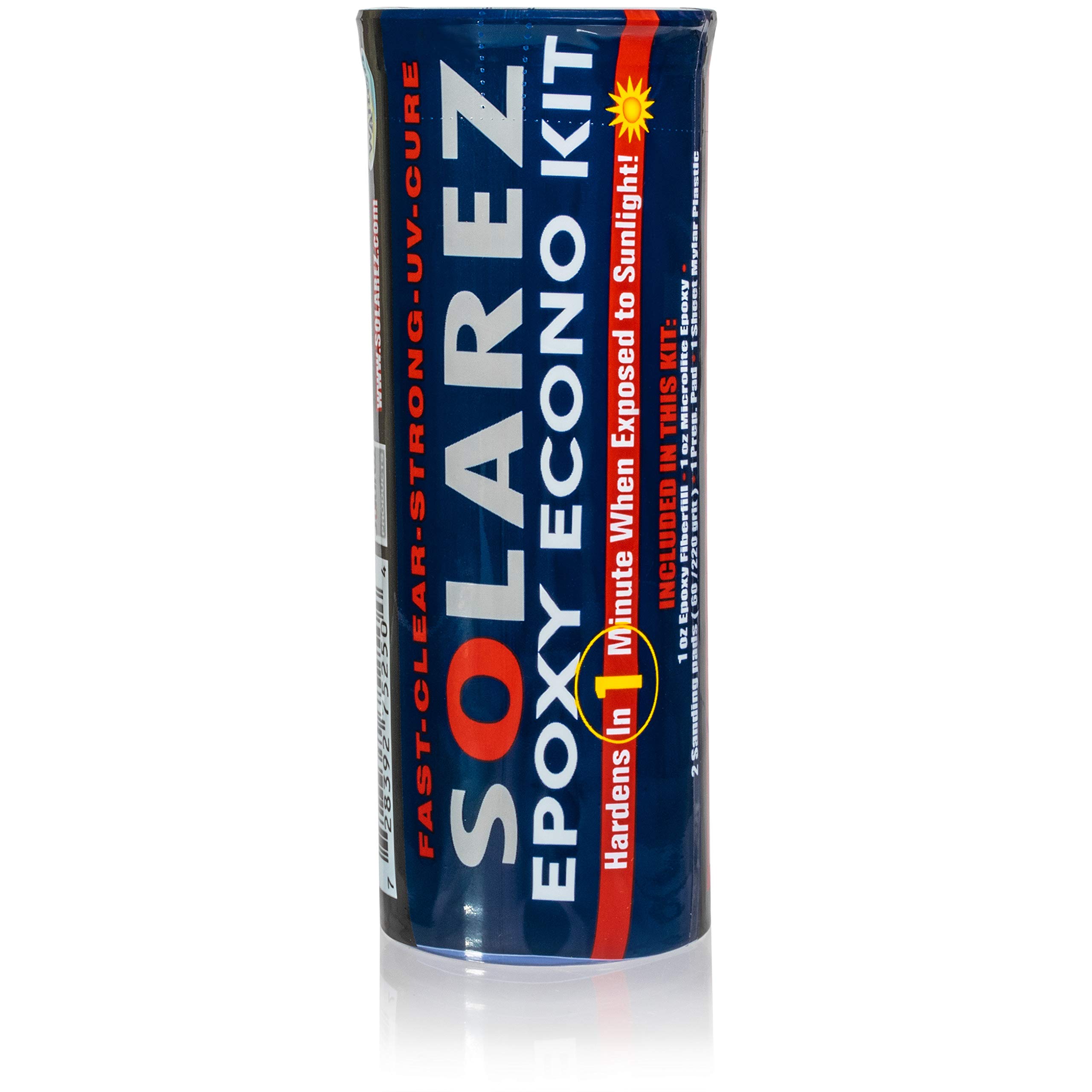 SOLAREZ EPOXY Econo Gift Kit ~ UV Cure Surfboard Repair Epoxy, SUP, Wakeboard Repair, w Epoxy Fiberfil stucco, Tubo Microlite Stucco Epossidico, 2 cuscinetti di sabbia e acetone Prep-Pad~ Prodotto