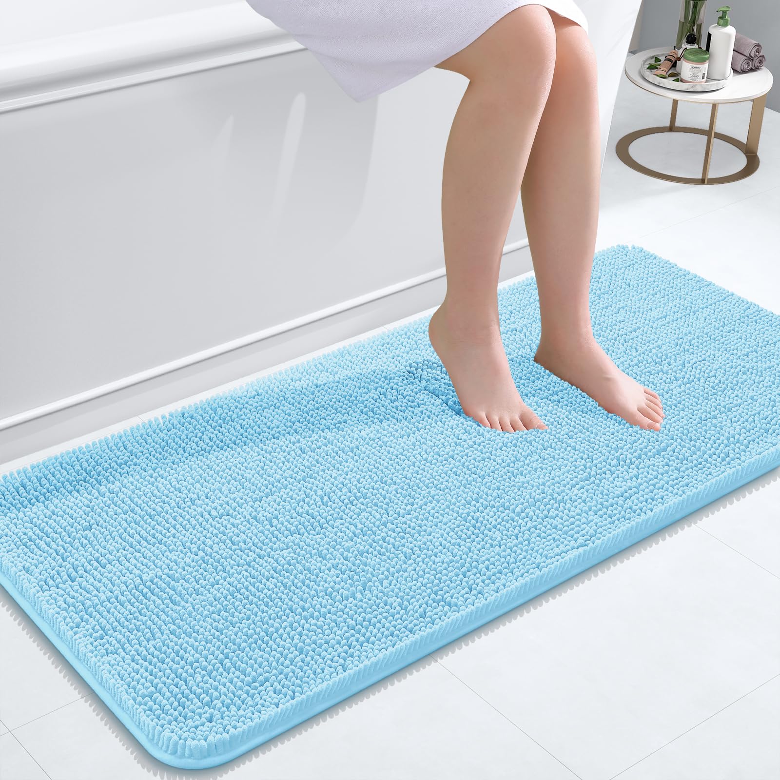 OLANLY Bathroom Runner Rugs 47x20, Extra Soft Absorbent Chenille Bath Rugs | Sky Blue, Quick-Drying Rubber Backing, Washable Long Bath Mat for Bathroom Floor, Tub and Shower, Home Decor Accessories