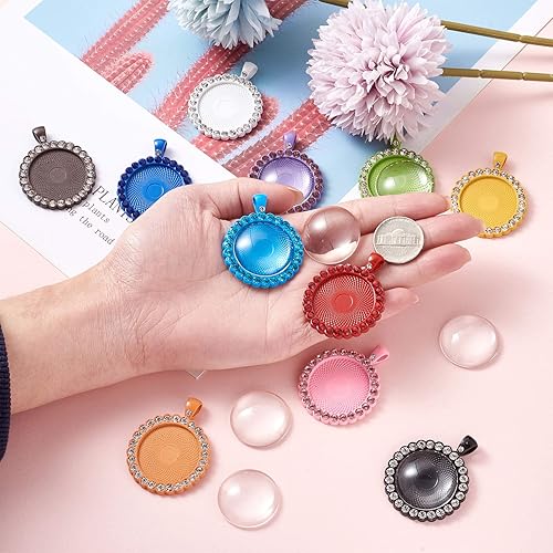 Miniatura 5 de Craftdady 22 bandejas colgantes de bisel de diamantes de imitación de 0.984 in con base de camafeo redonda, dijes en blanco con cabujones de vidrio