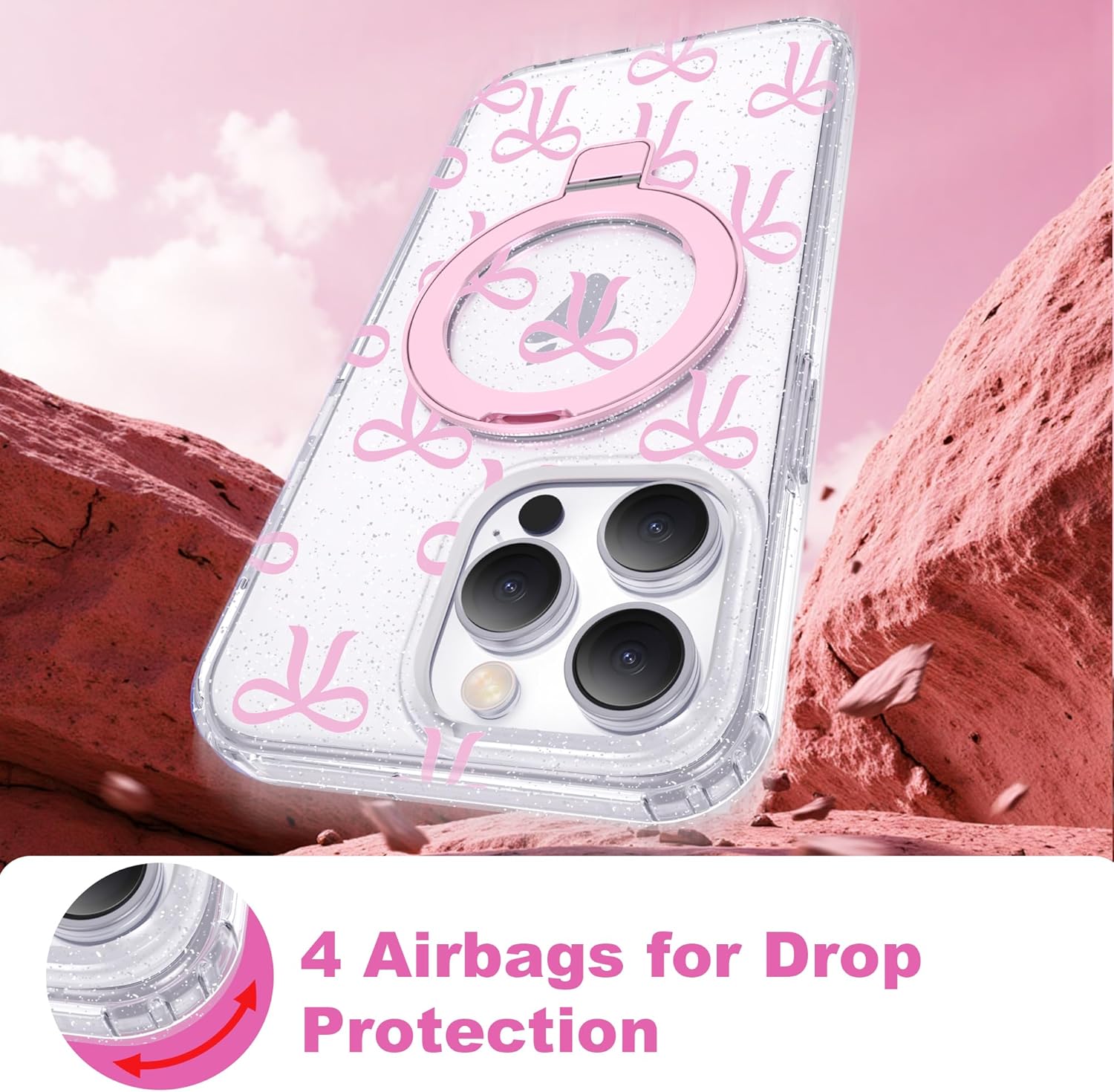 Compatible with iPhone 14 Pro Max Case Bow Pattern with Magnetic Ring Stand [Compatible with Mag-Safe] TPU Protective Phone Case for Women Girl, Clear Pink - Image 8