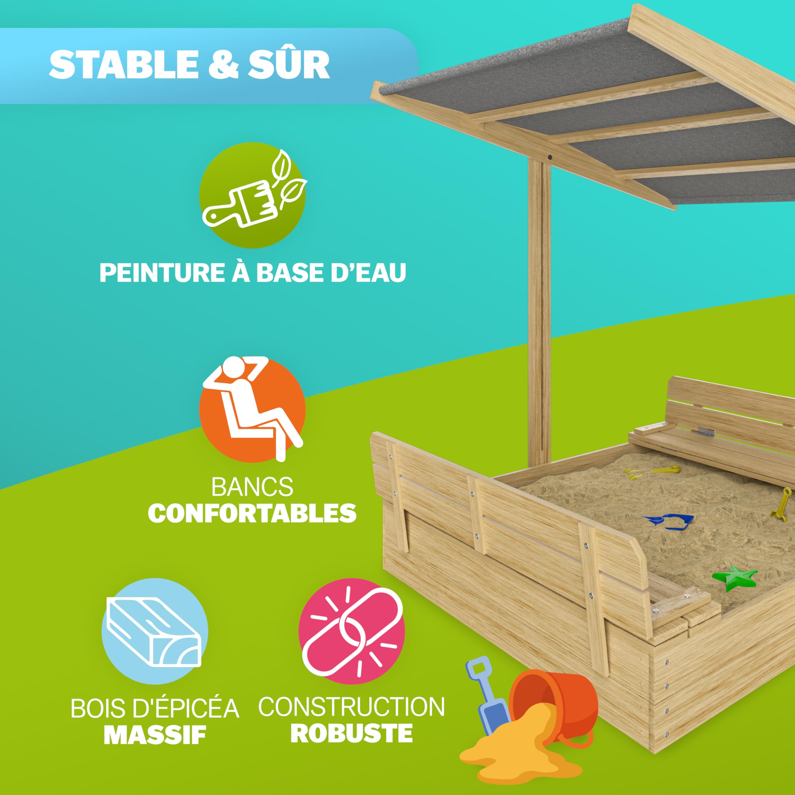 SPIELWERK® Sabbiera Gioco Bambini 120x120x120cm Tettoia Parasole in Legno Protezione UV Giocattolo Bimbi da Esterno con Sabbia e Copertura Tetto