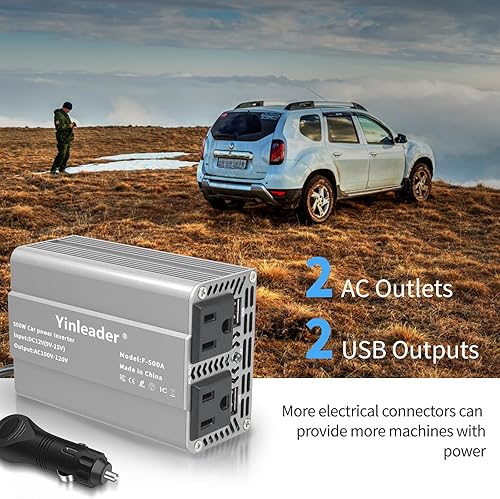 Miniatura 9 de Yinleader Inversor de corriente para automóvil de 500 vatios de 12 V a 110 V CC a CA, inversor de automóvil con puertos USB duales de 3.1 A,