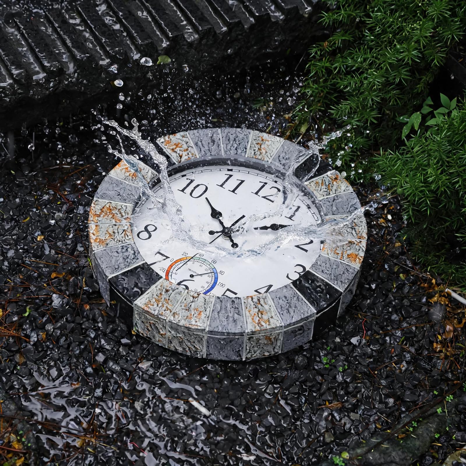 Horloge murale d'extérieur étanche avec thermomètre - 33 cm - Silencieuse et rustique - En résine résistante aux intempéries - Pour terrasse, piscine, jardin, porche, fausse pierre marron