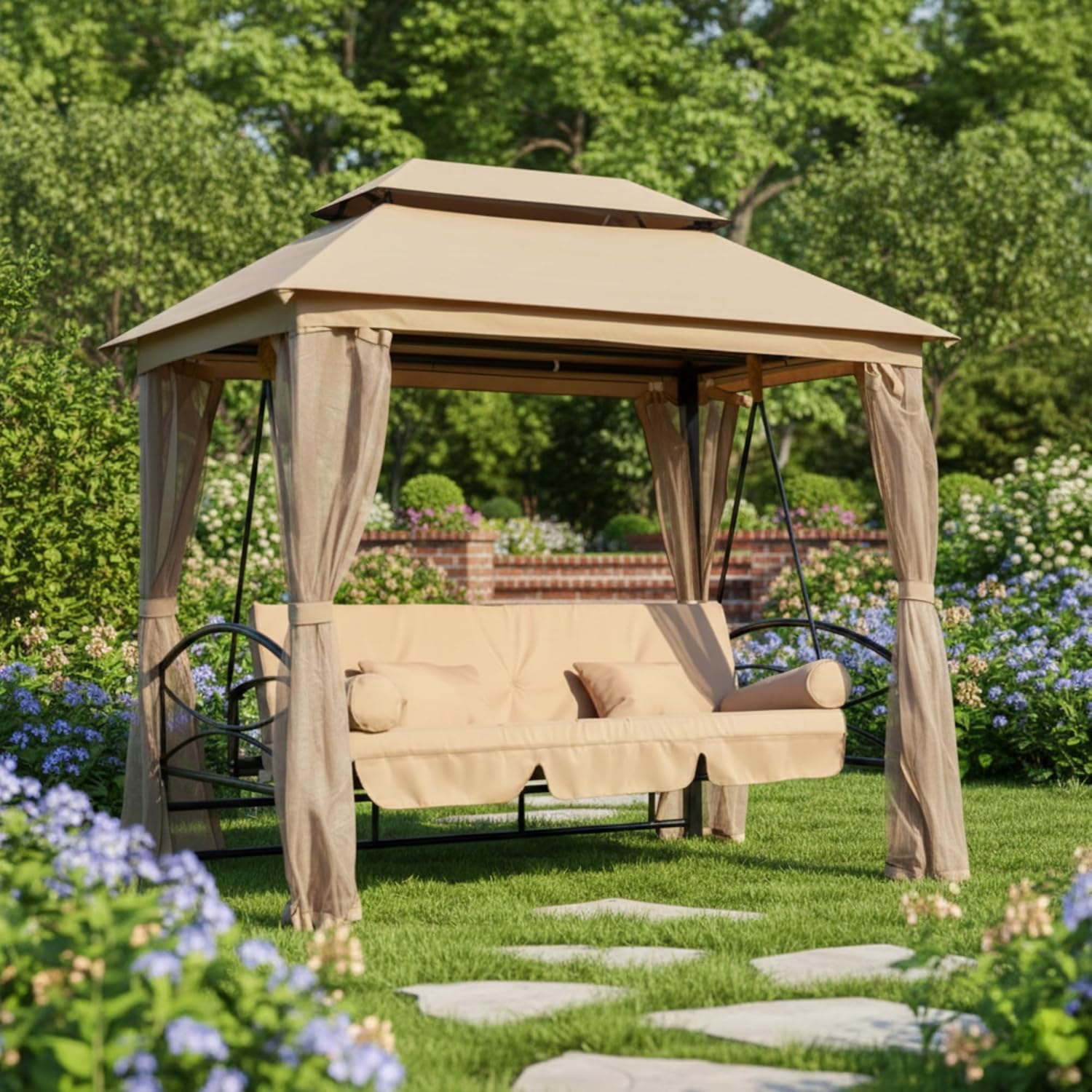 Garden Winds Reinforced RipLock 350 Replacement Canopy Top and Netting Set Compatible with Debora Gazebo Swing Model 01-0884 - Beige